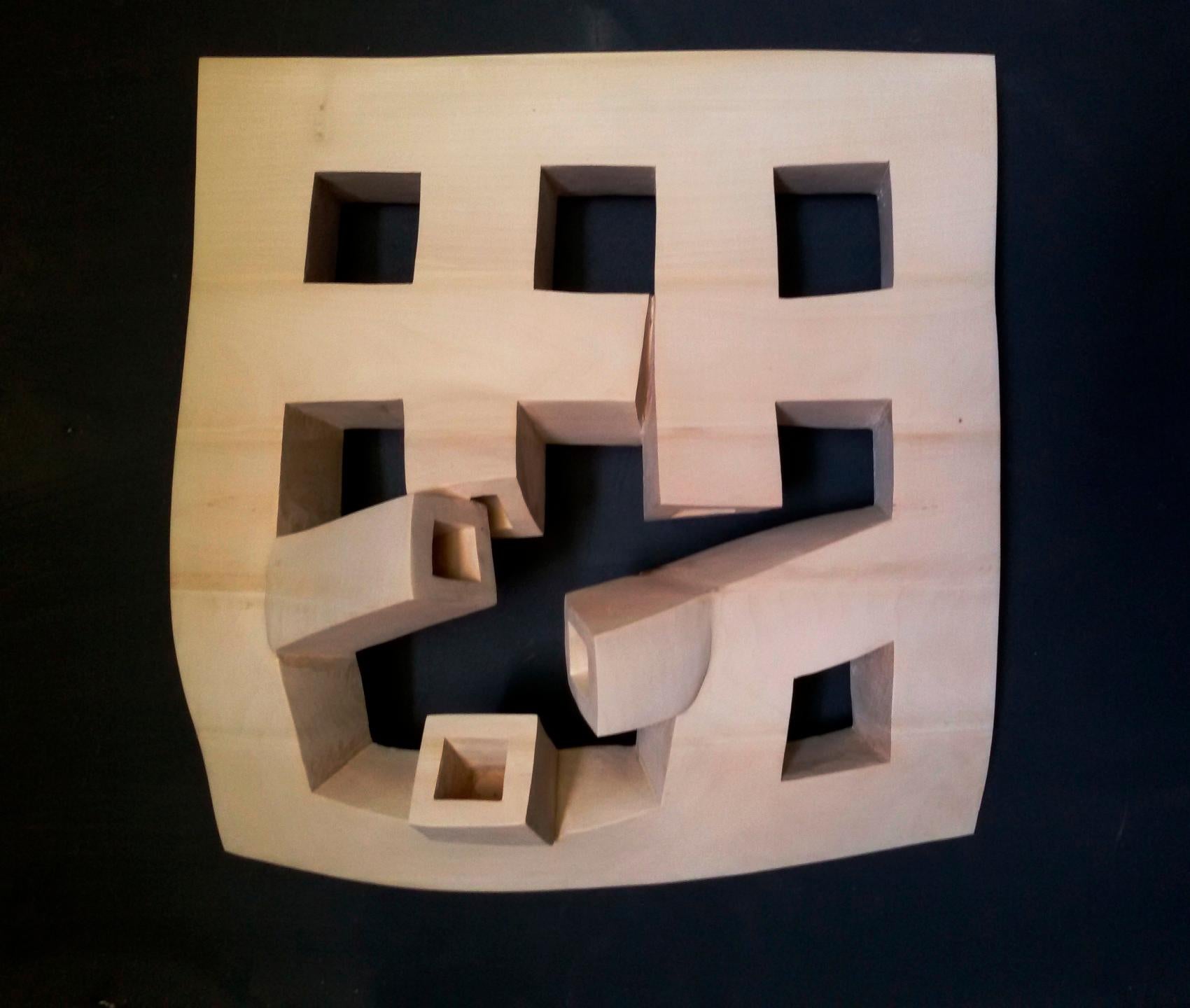 Offline, contemporary abstract carved solid wood grid sculpture - Sculpture by Egon Digon