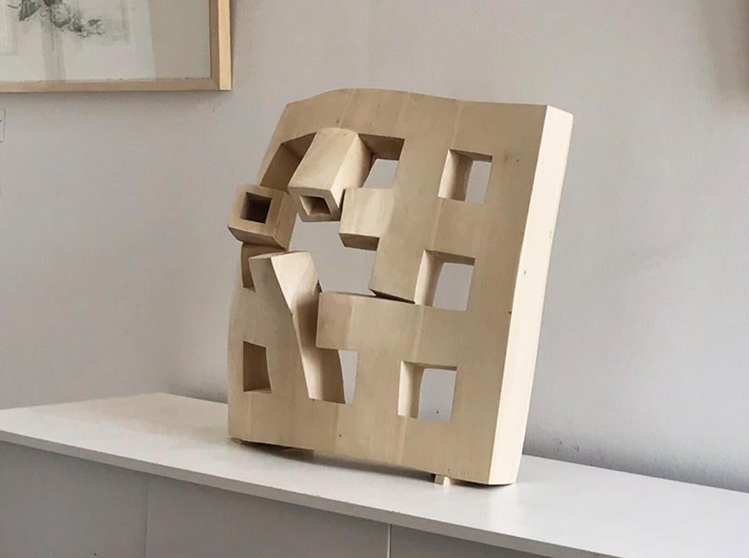Egon Digon Abstract Sculpture - Offline, contemporary abstract carved solid wood grid sculpture