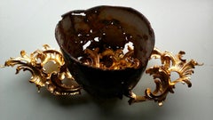 Rogna-Plage, contemporary abstract carved gold wood and rusted pot sculpture