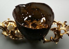 Rogna-Plage, contemporary abstract carved gold wood and rusted pot sculpture