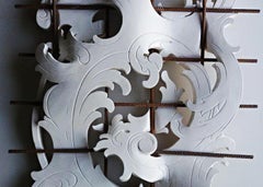 Adjustment, contemporary abstract carved solid wood rusted steel grid sculpture