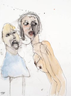 Secrets. Figurative watercolor of a whispering man 
a female nude