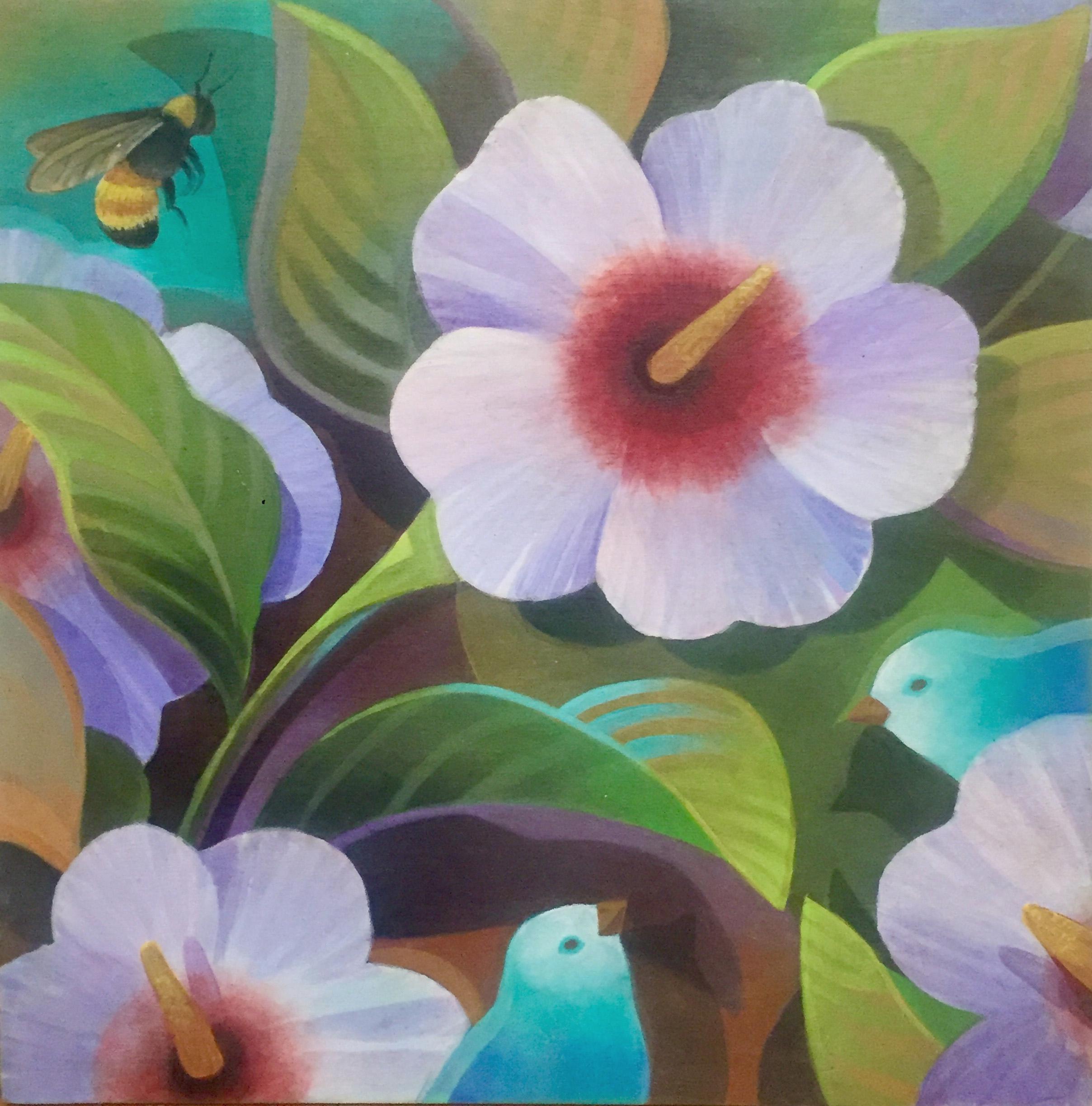 Johnny Karwan Still-Life Painting - Birds, Bee & Hibiscus