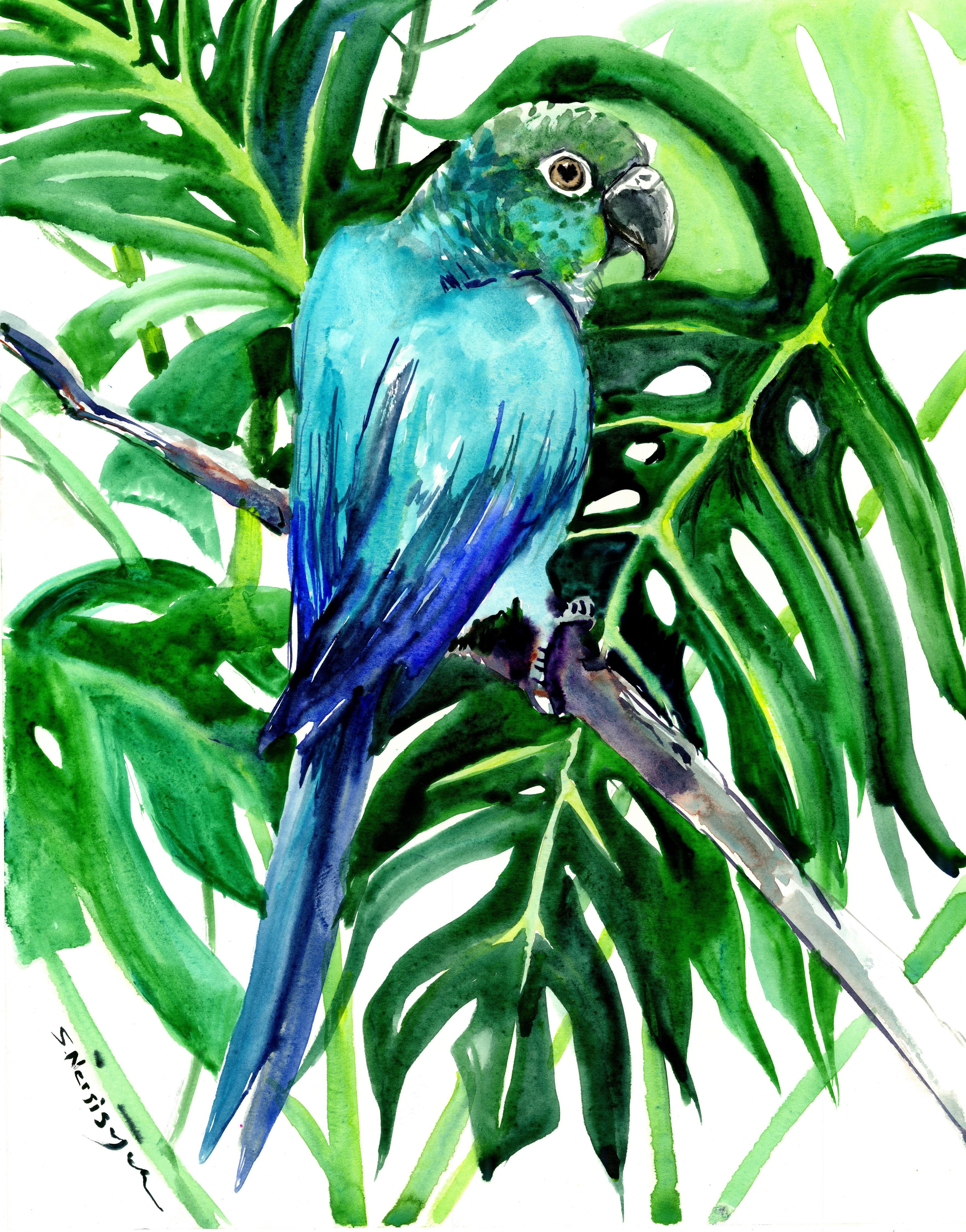 Suren Nersisyan Abstract Drawing - Green Conure and Philodendron, Tropical