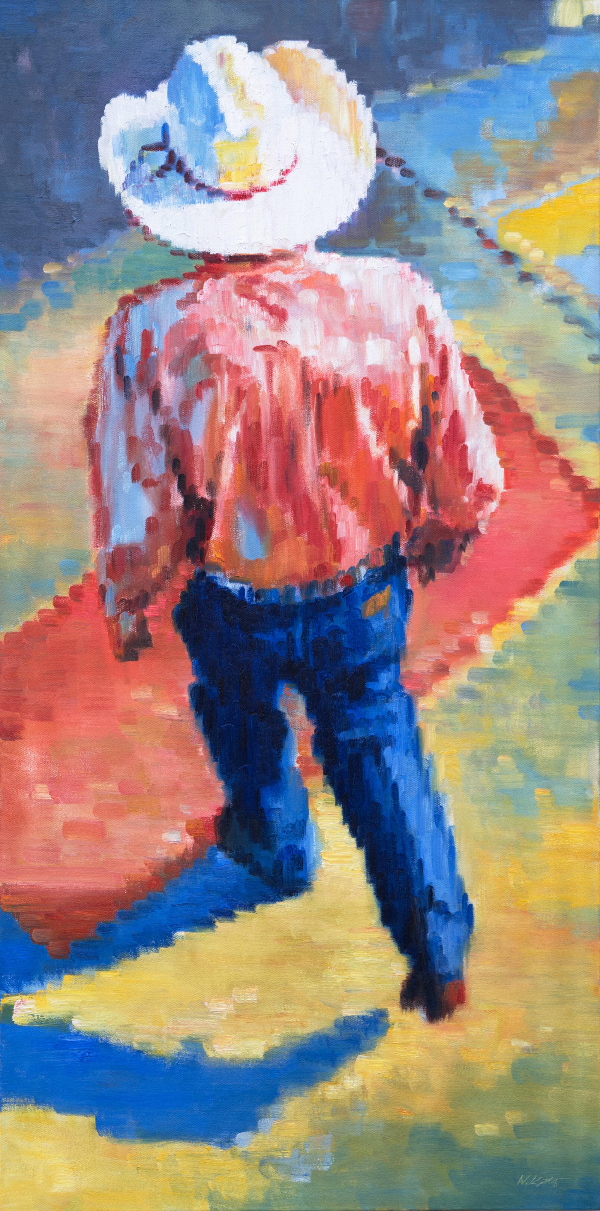 Cowboy Walking in Santa Fe Sunset - Art by Warren Keating