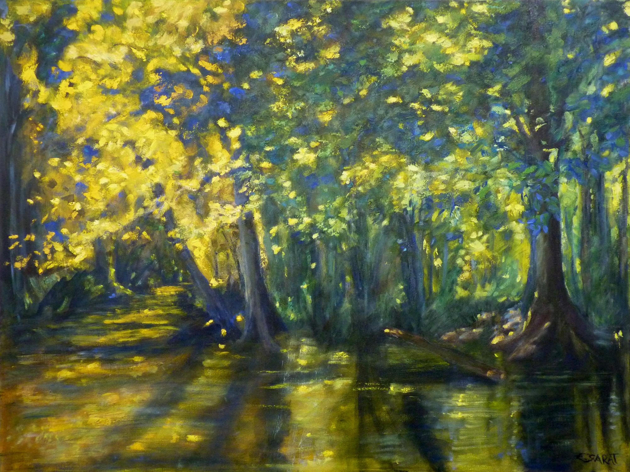 Elizabeth Garat Landscape Painting - Ghost River, Scattered Gold