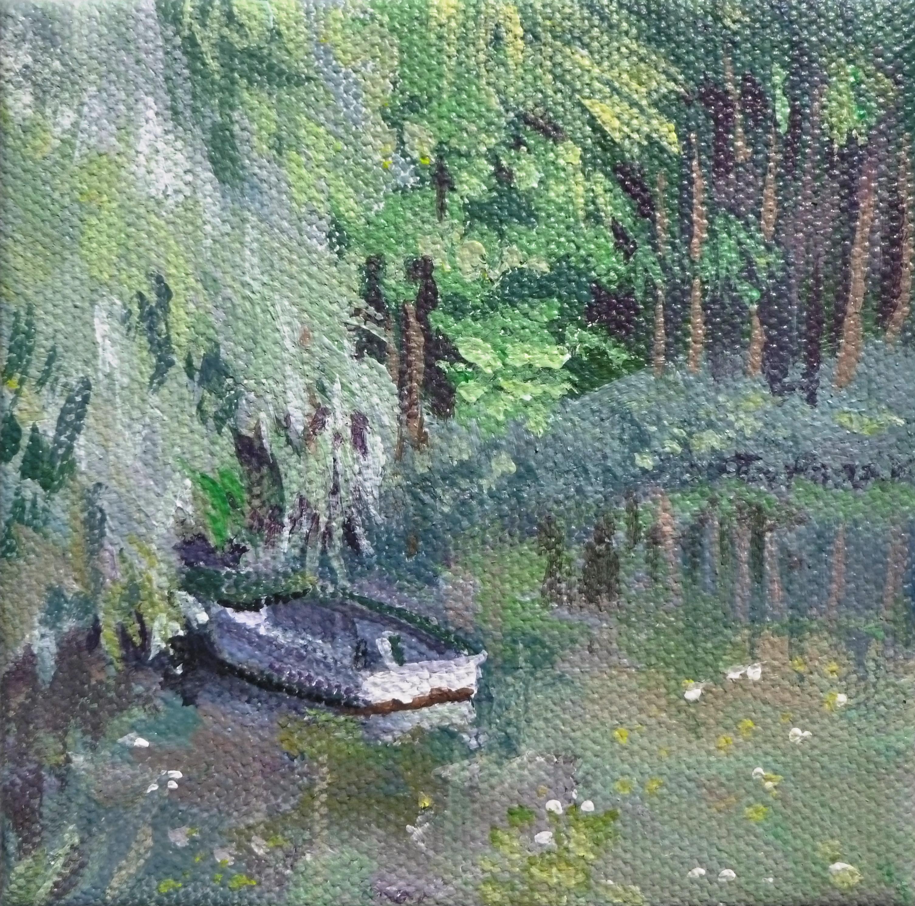 Catherine McCargar Landscape Painting - Pond Boat under Willows