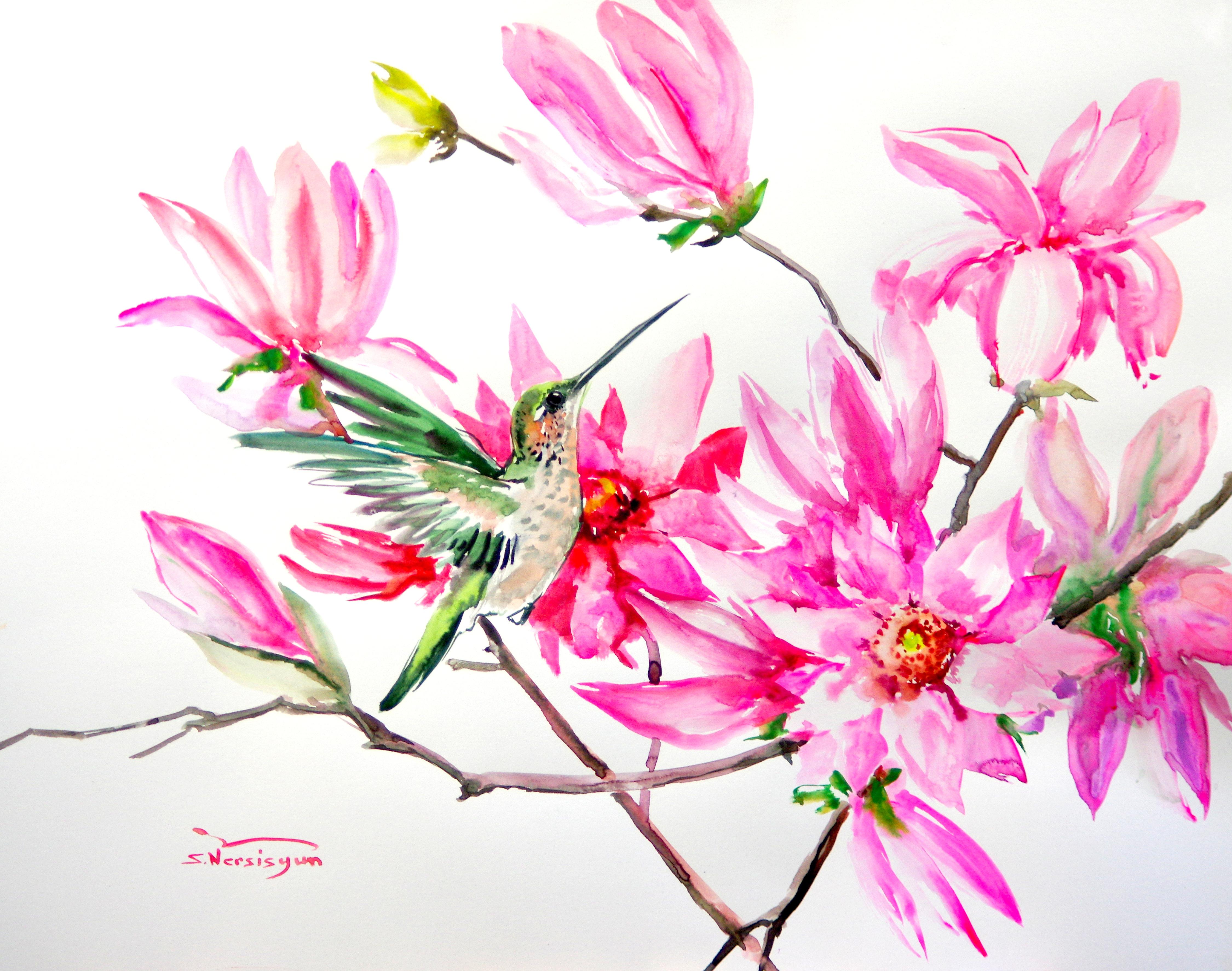 Suren Nersisyan Abstract Drawing - Hummingbird and Pink Magnolia Flowers