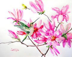 Hummingbird and Pink Magnolia Flowers