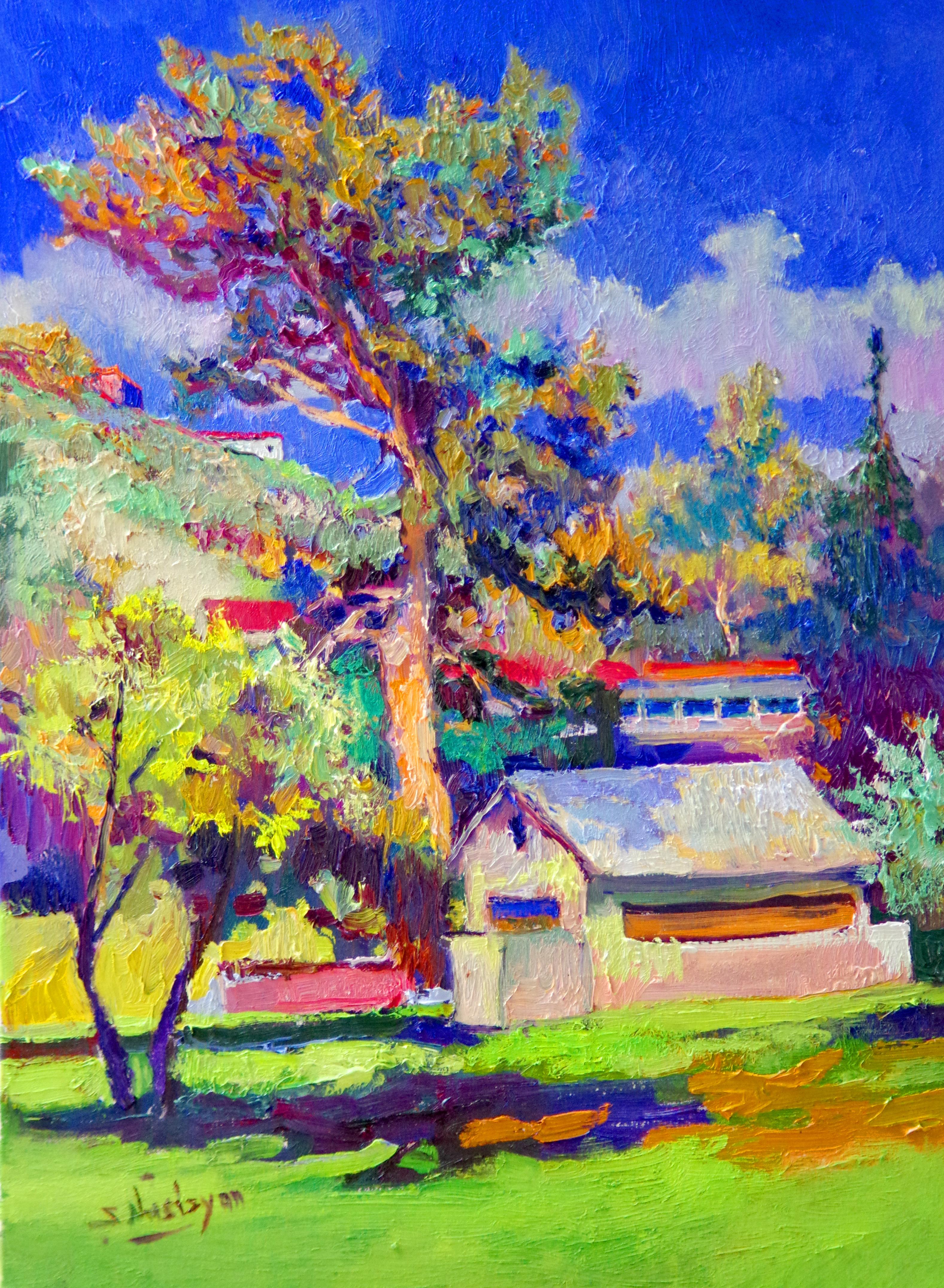 Suren Nersisyan Landscape Painting - House Under Big Pine Tree (Midday)