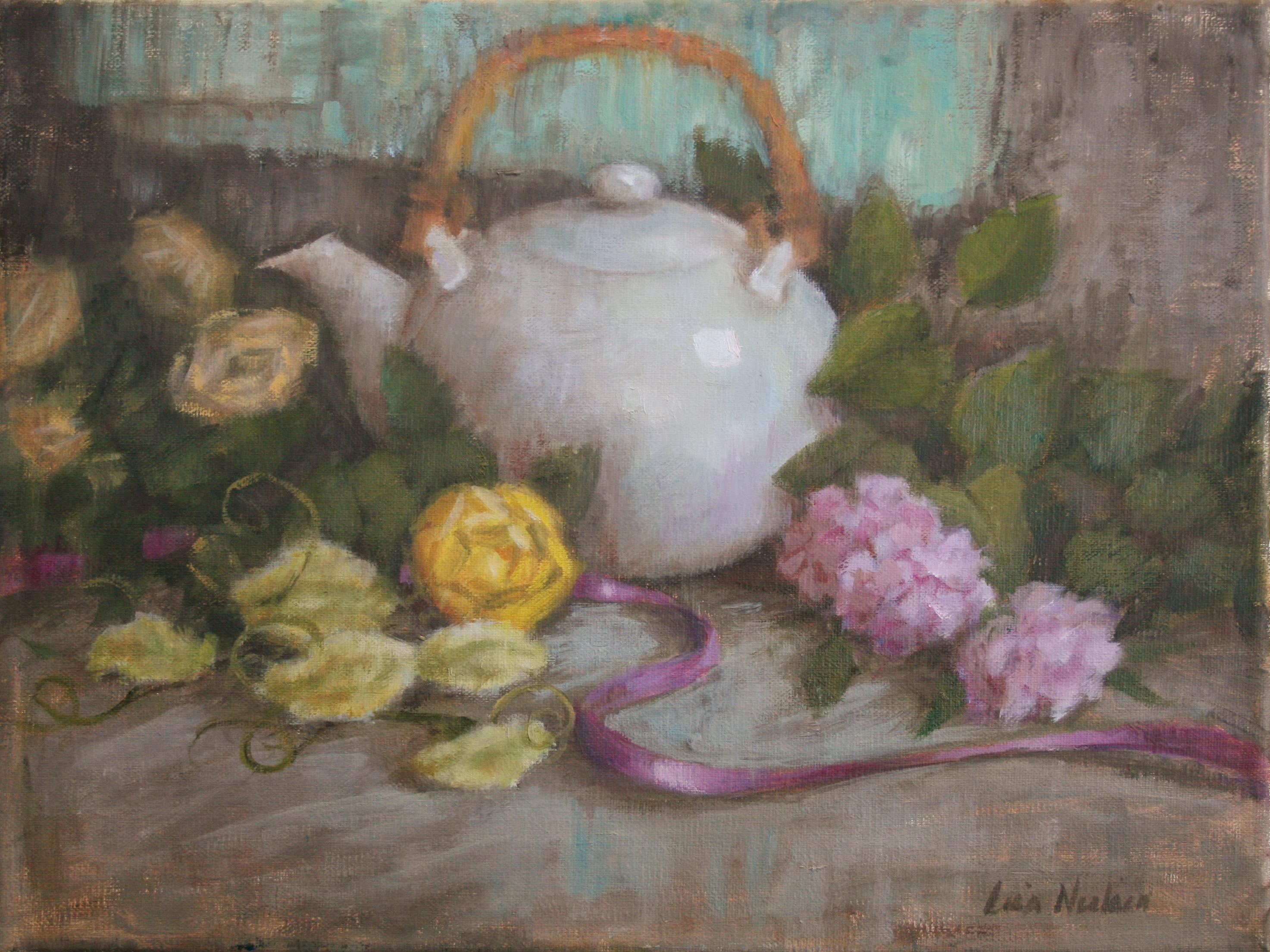 Lisa Nielsen Still-Life Painting - Tea and Posies, Oil Painting