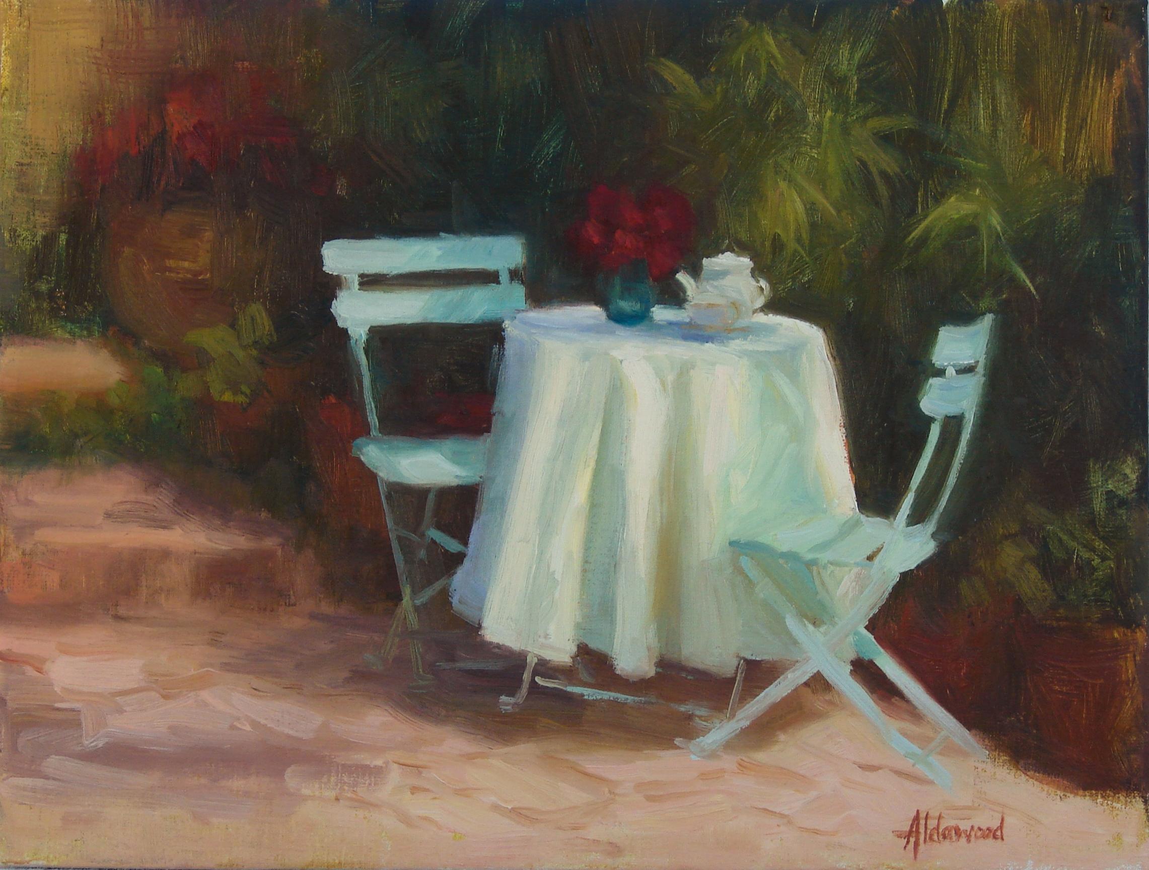 Sherri Aldawood Still-Life Painting - Garden Tea, Oil Painting