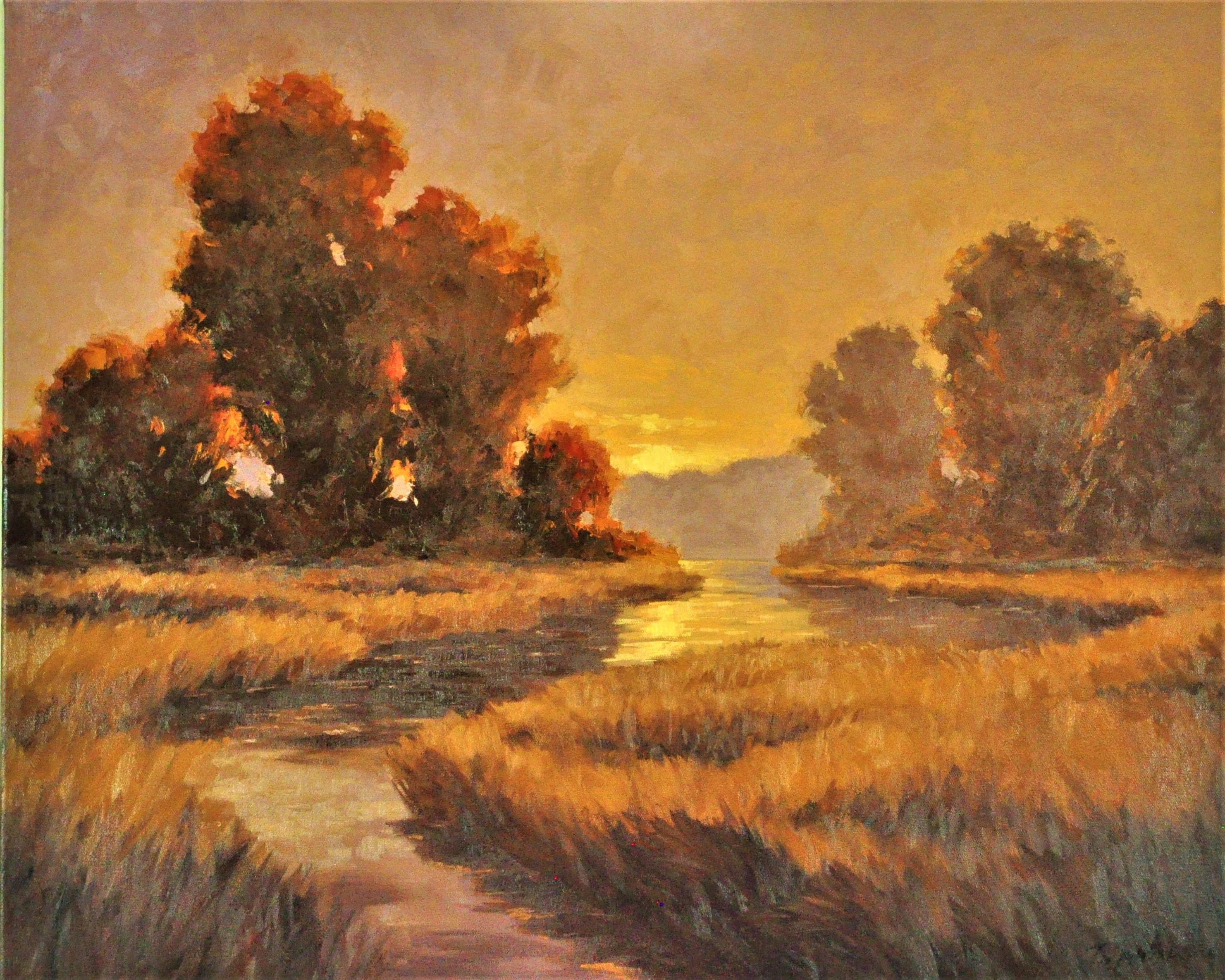 Peinture à l'huile, lever d'un soleil joyeux - Art de Robert Pennor