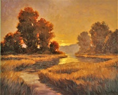 Peinture à l'huile, lever d'un soleil joyeux