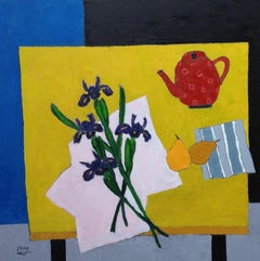 Peinture à l'huile - Iris sur table jaune