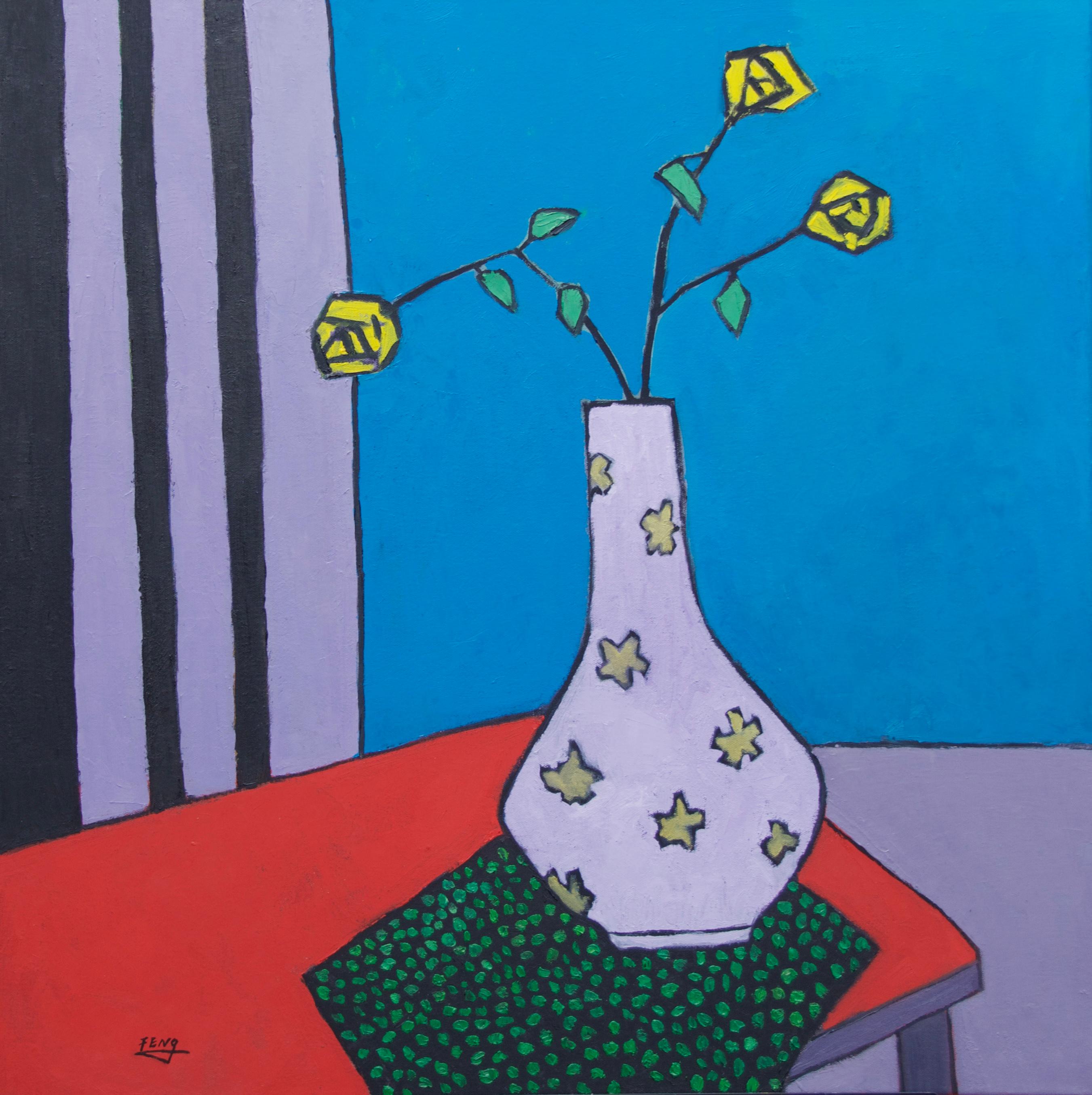 Still-Life Painting Feng Biddle - Vase blanc sur table rouge