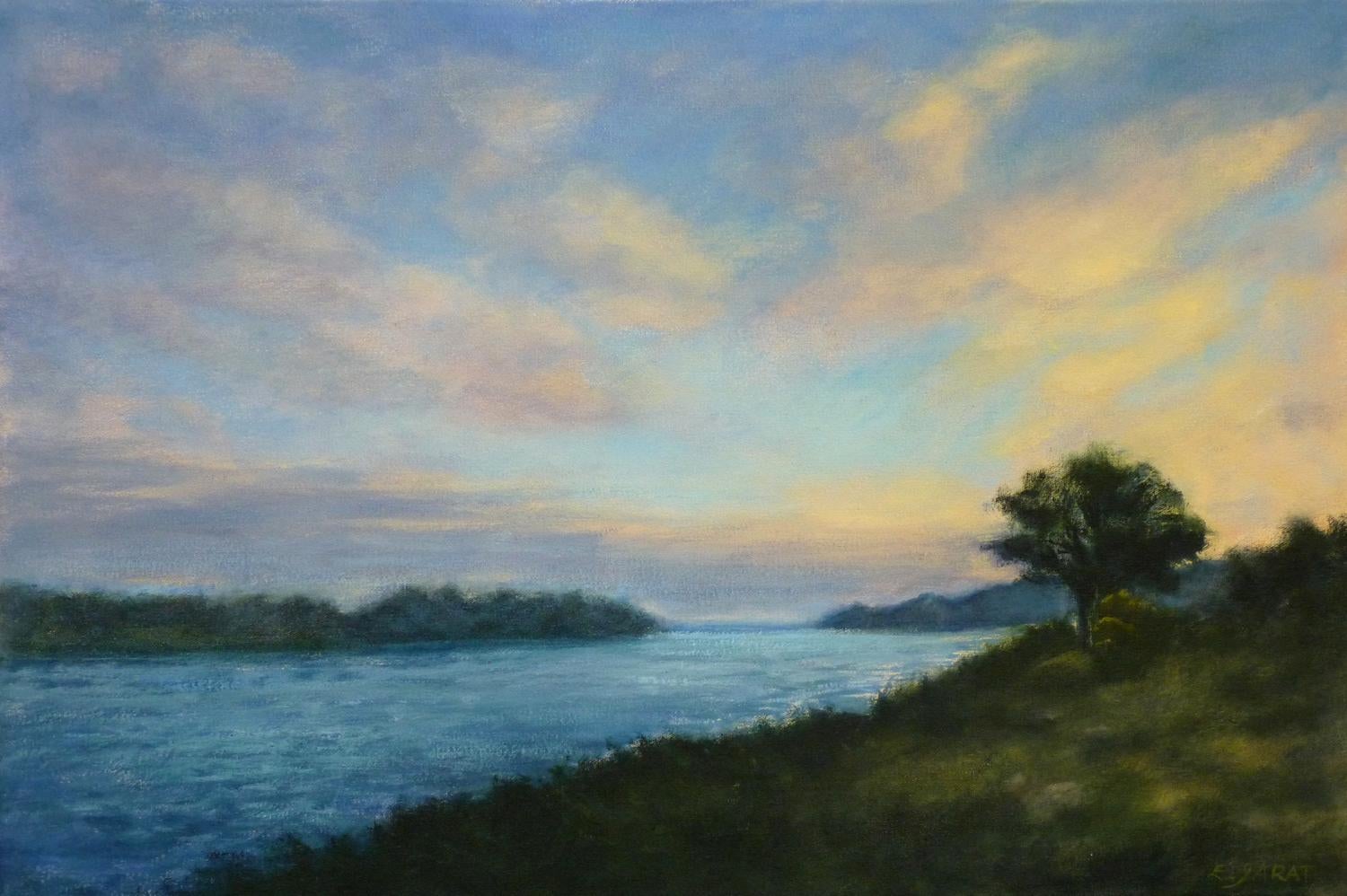 Elizabeth Garat Landscape Painting - A Sunrise at the River, Oil Painting