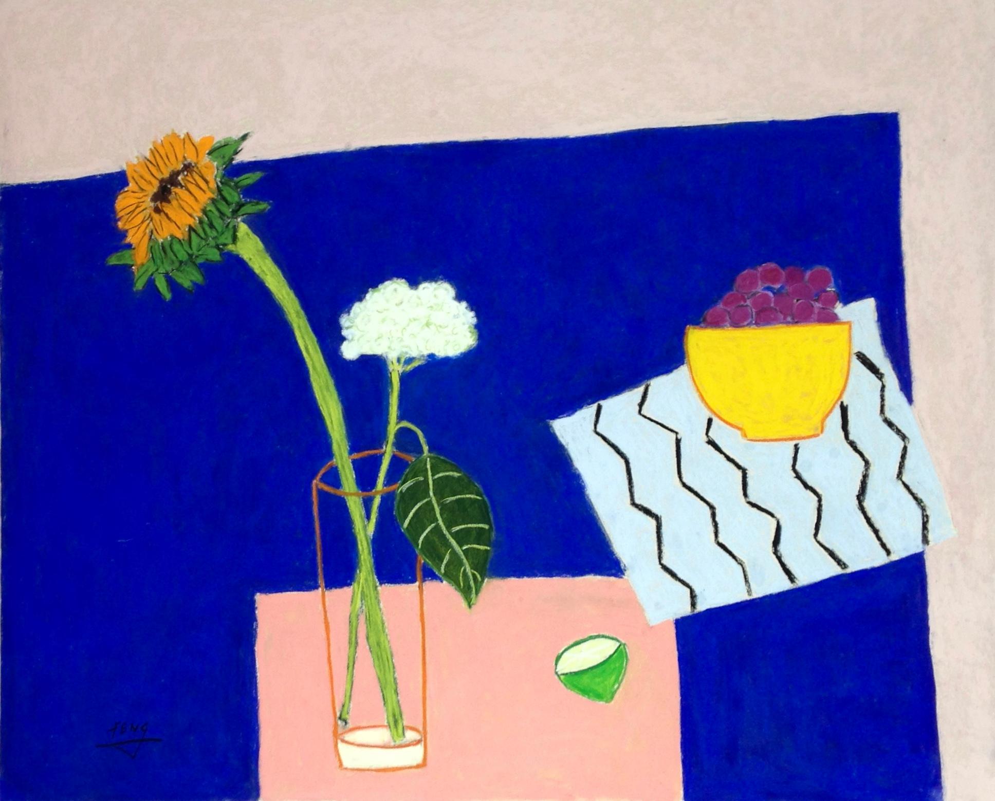 Feng Biddle Still-Life - Sunflower and Hydrangea on Blue Table