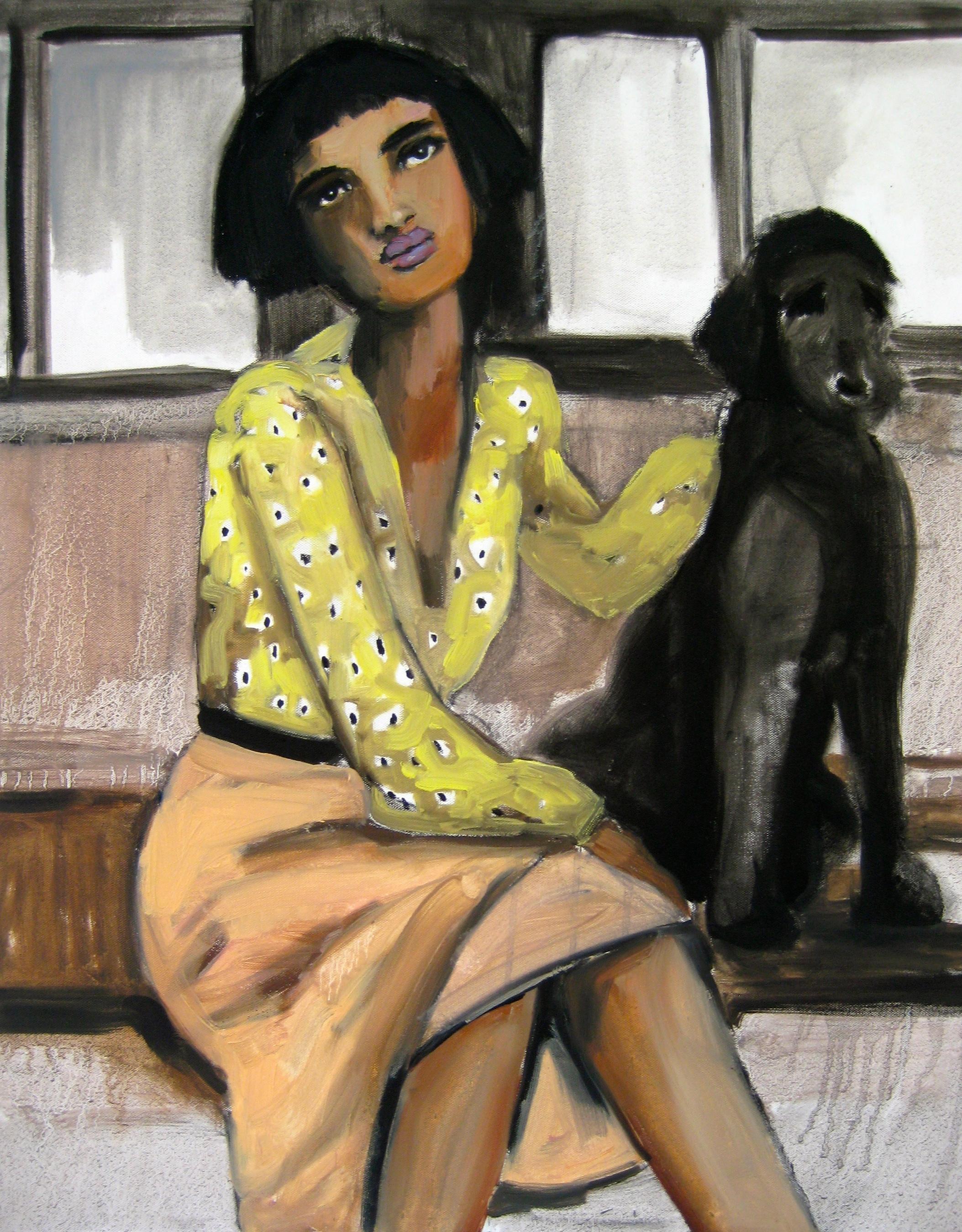 Malia Pettit Animal Painting - Girl and Dog on the L Train