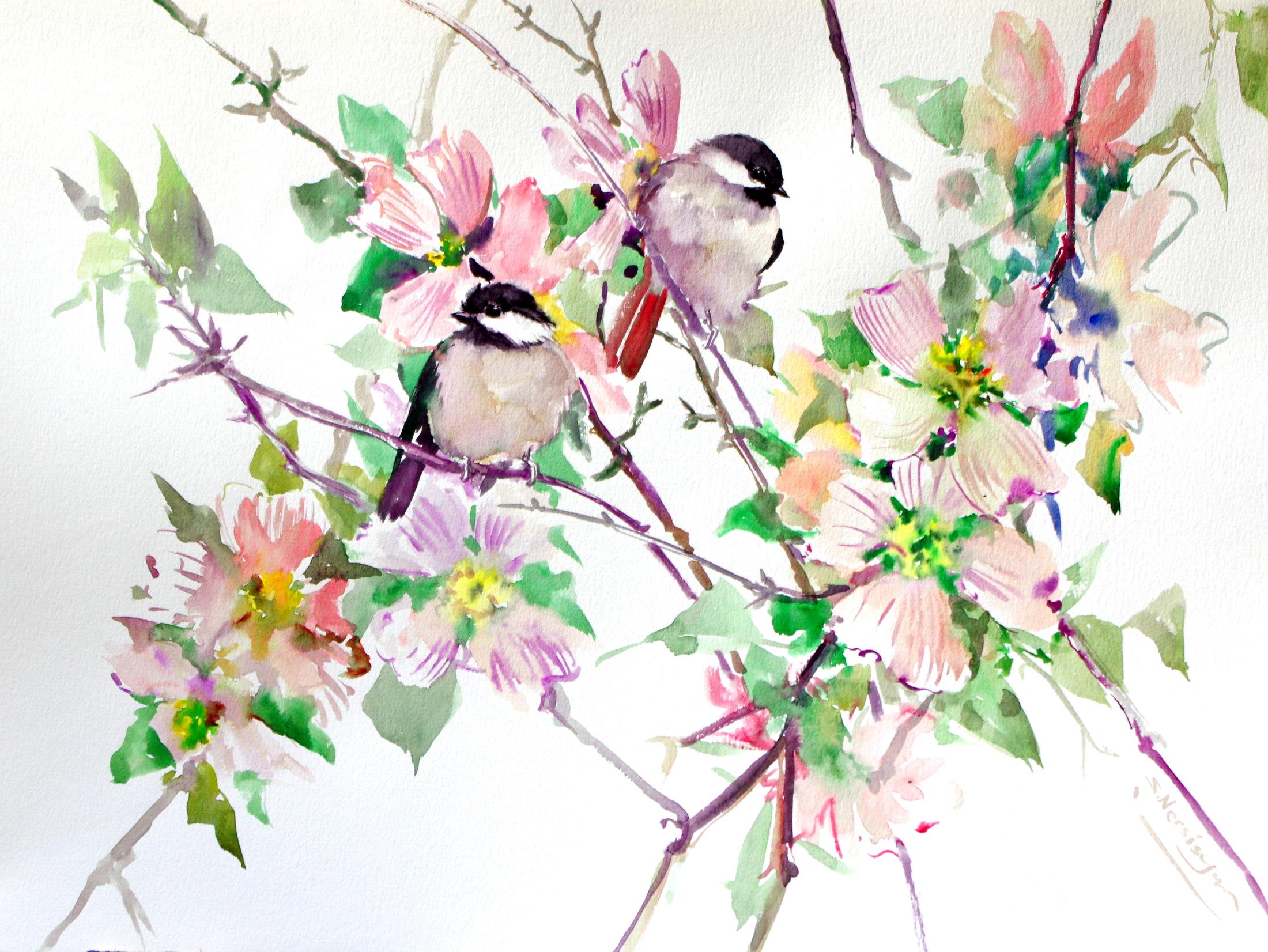 Suren Nersisyan Abstract Drawing - Dogwood Flowers and Chickadees