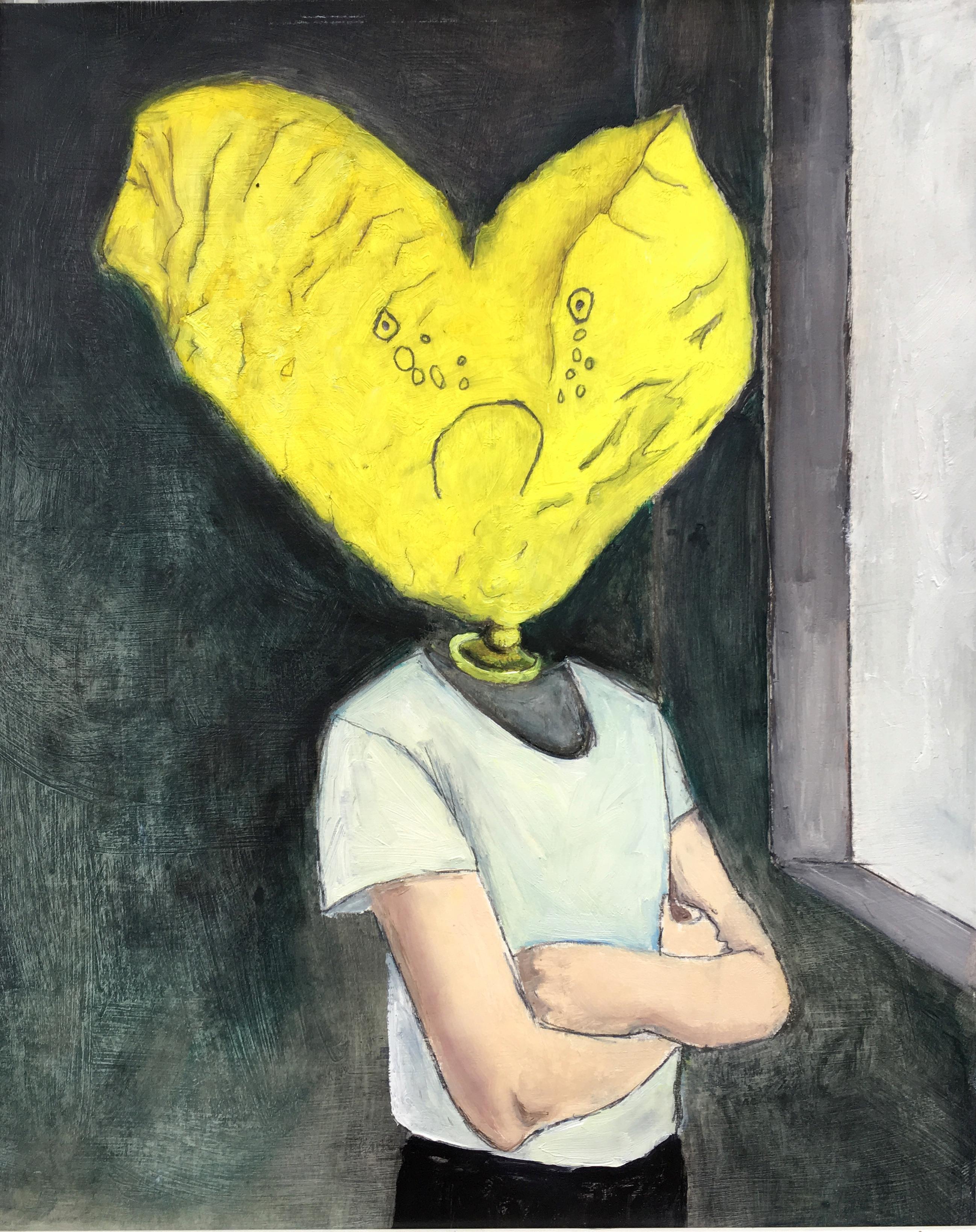 Kat Silver Figurative Painting – Grumpy Heart Boy