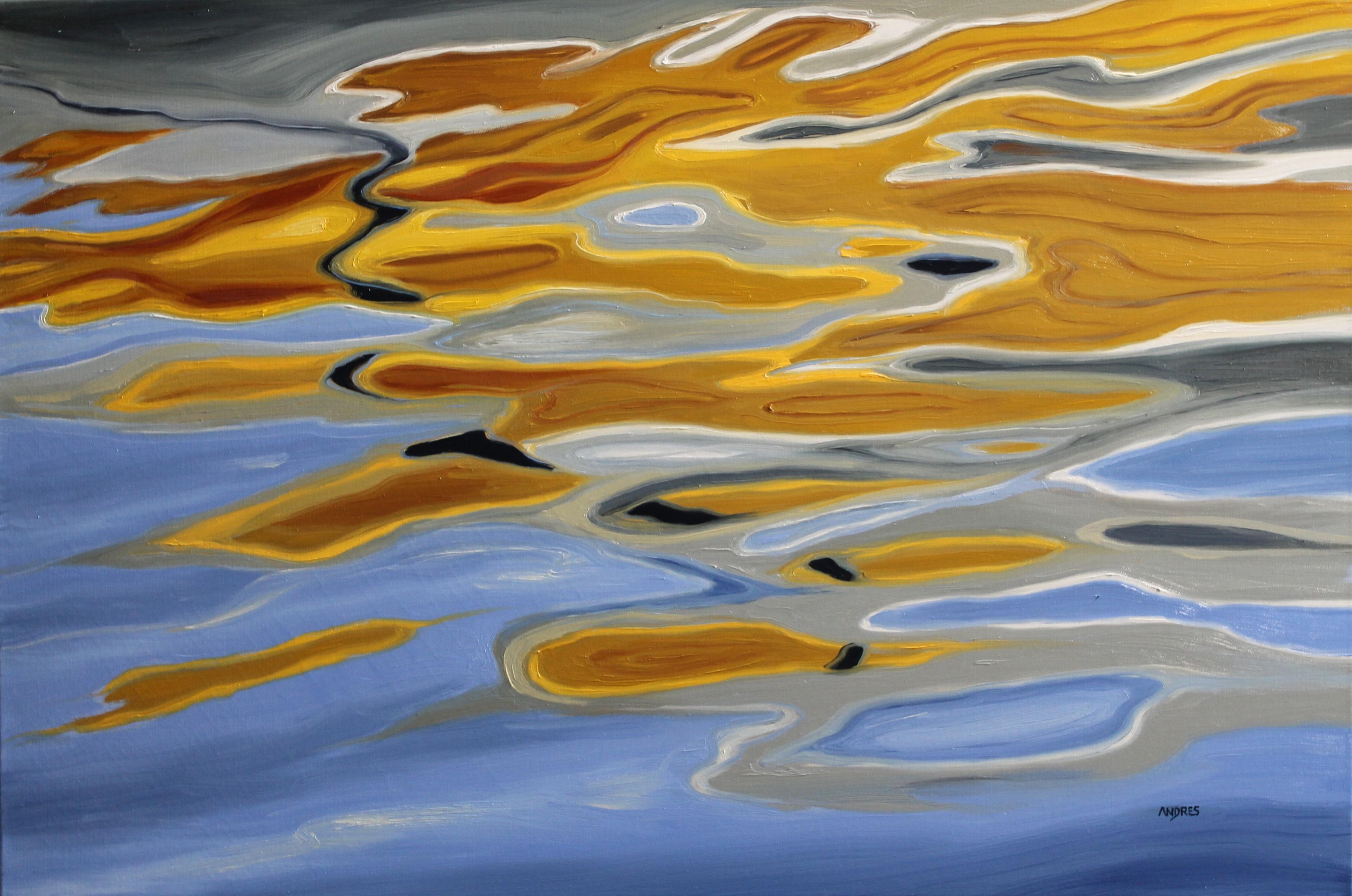 Andres Lopez Abstract Painting - Gold and Silver Tide