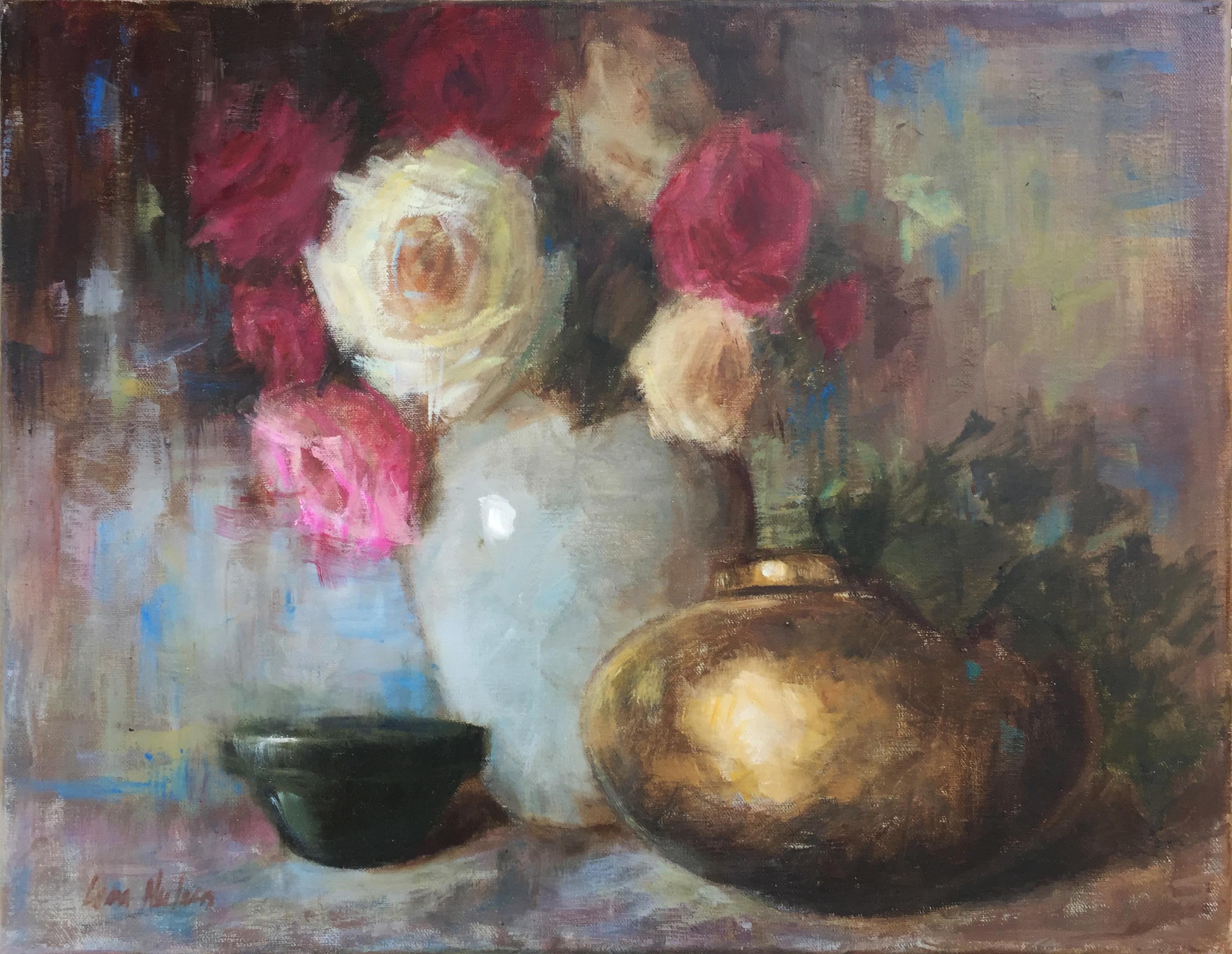 Lisa Nielsen Still-Life Painting - Brass Pot and Roses