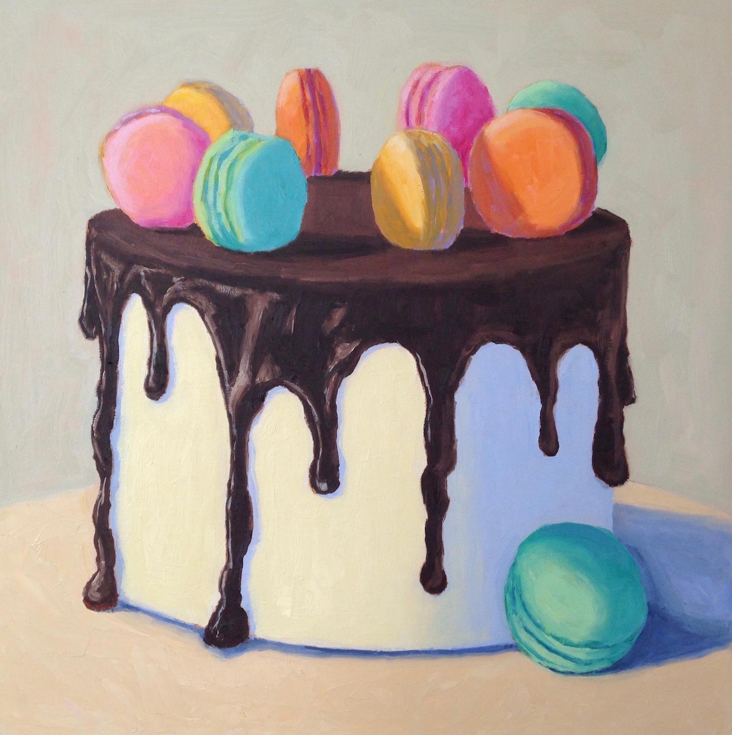 Pat Doherty Still-Life Painting - Chocolate Macaron Cake, Oil Painting