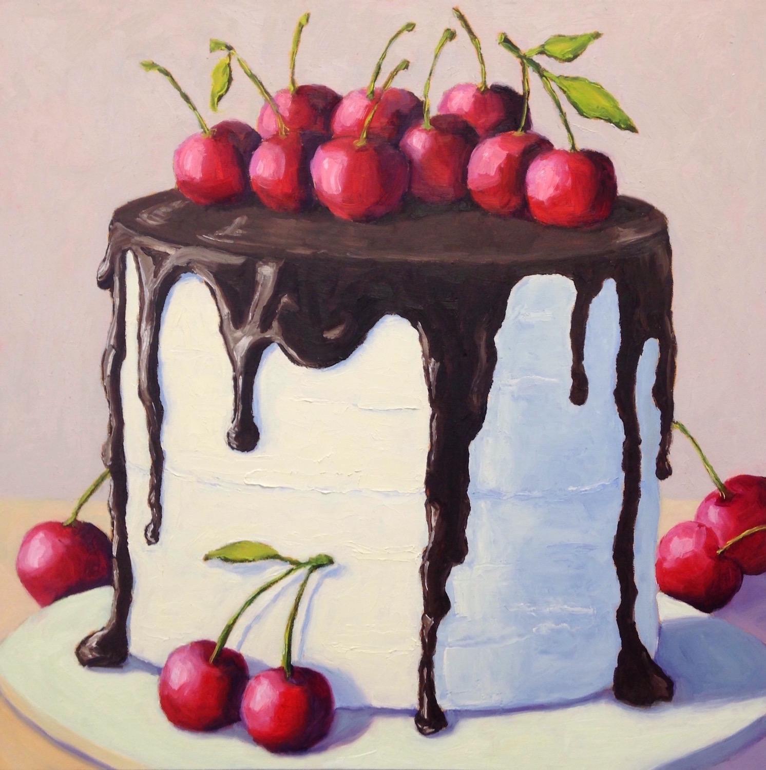 Pat Doherty Still-Life Painting - Chocolate Cherry Cake, Oil Painting