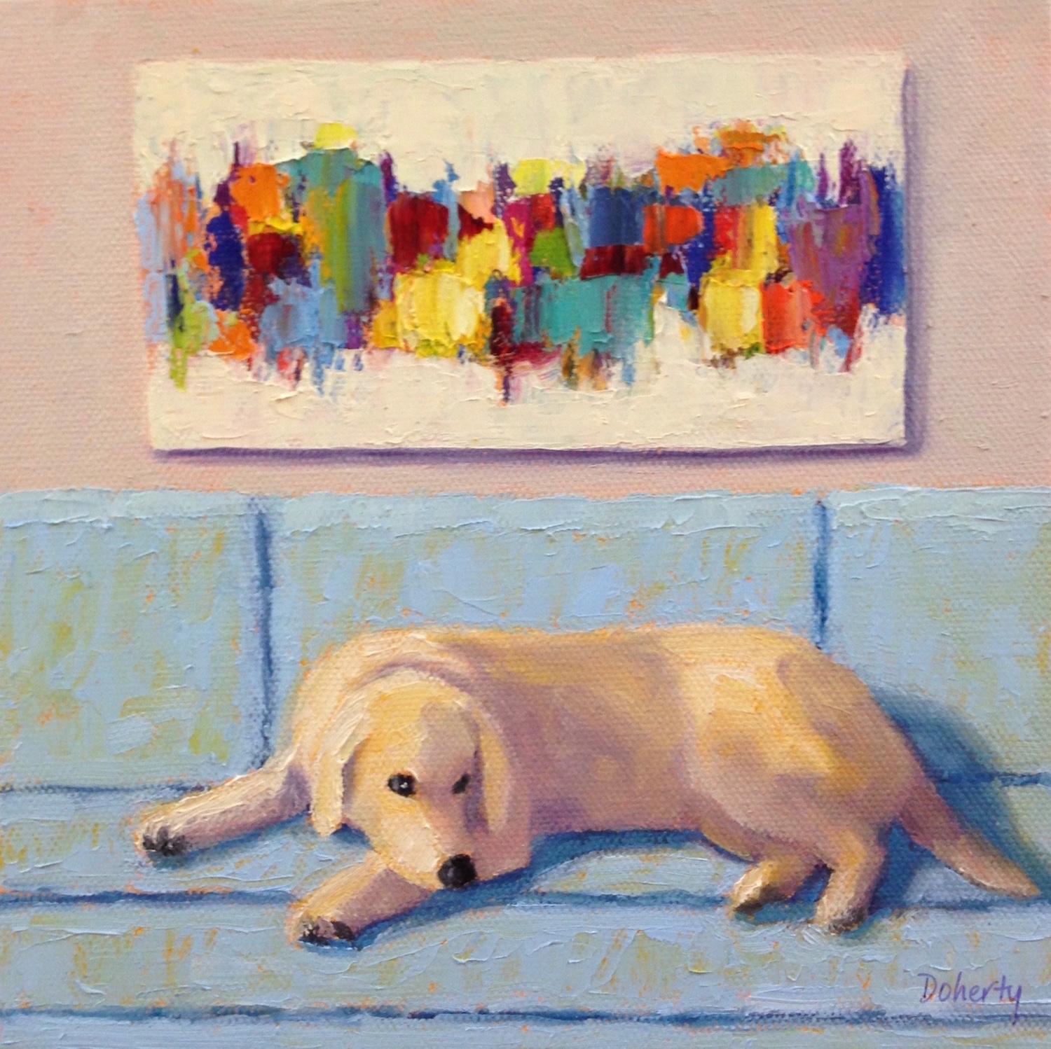 Pat Doherty Animal Painting - Lab on Blue Couch, Oil Painting