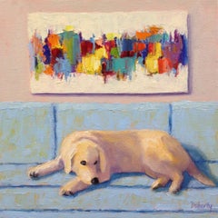 Lab on Blue Couch, Oil Painting
