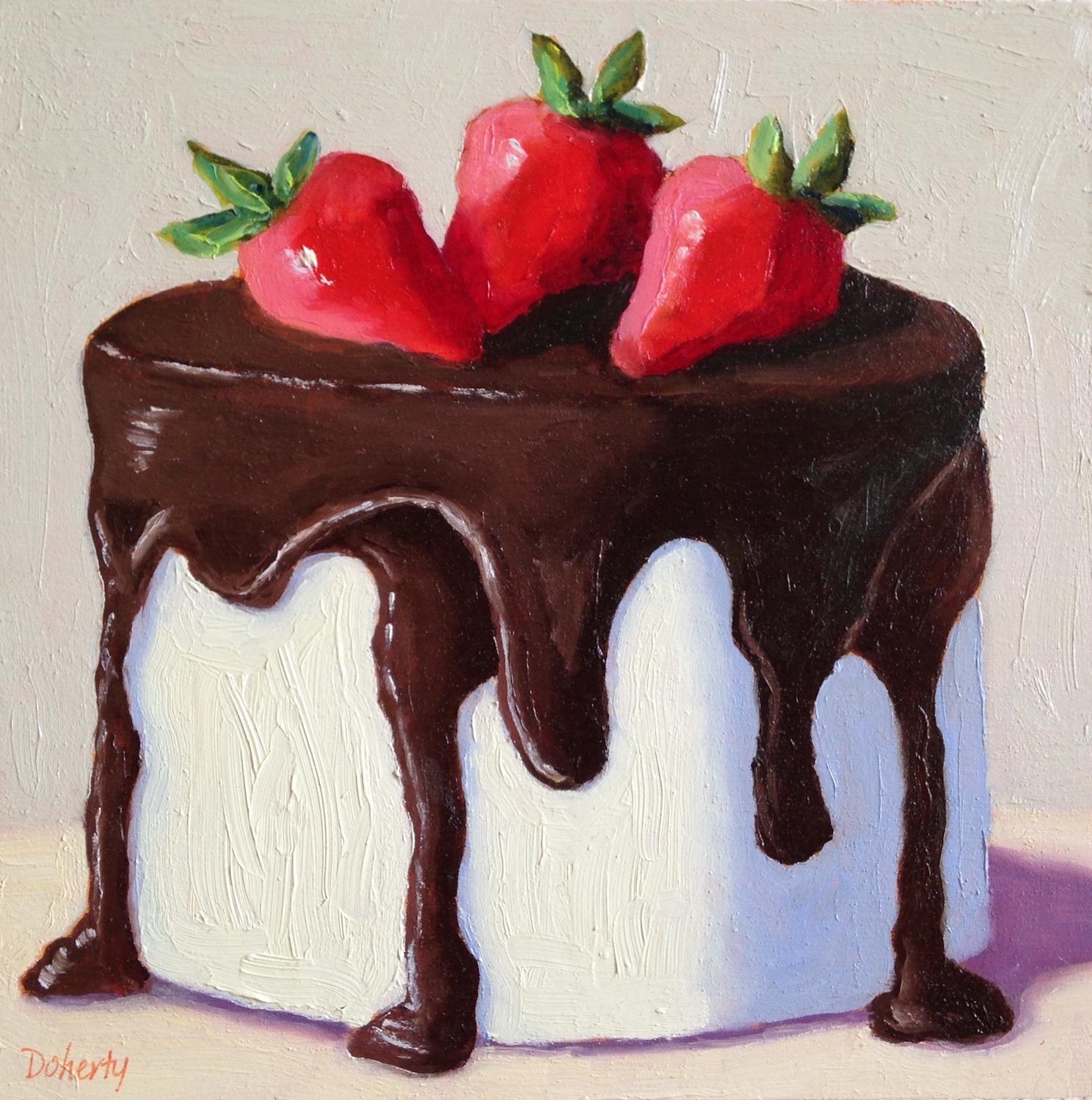 Pat Doherty Still-Life Painting - Tuxedo Cake with Strawberries, Oil Painting