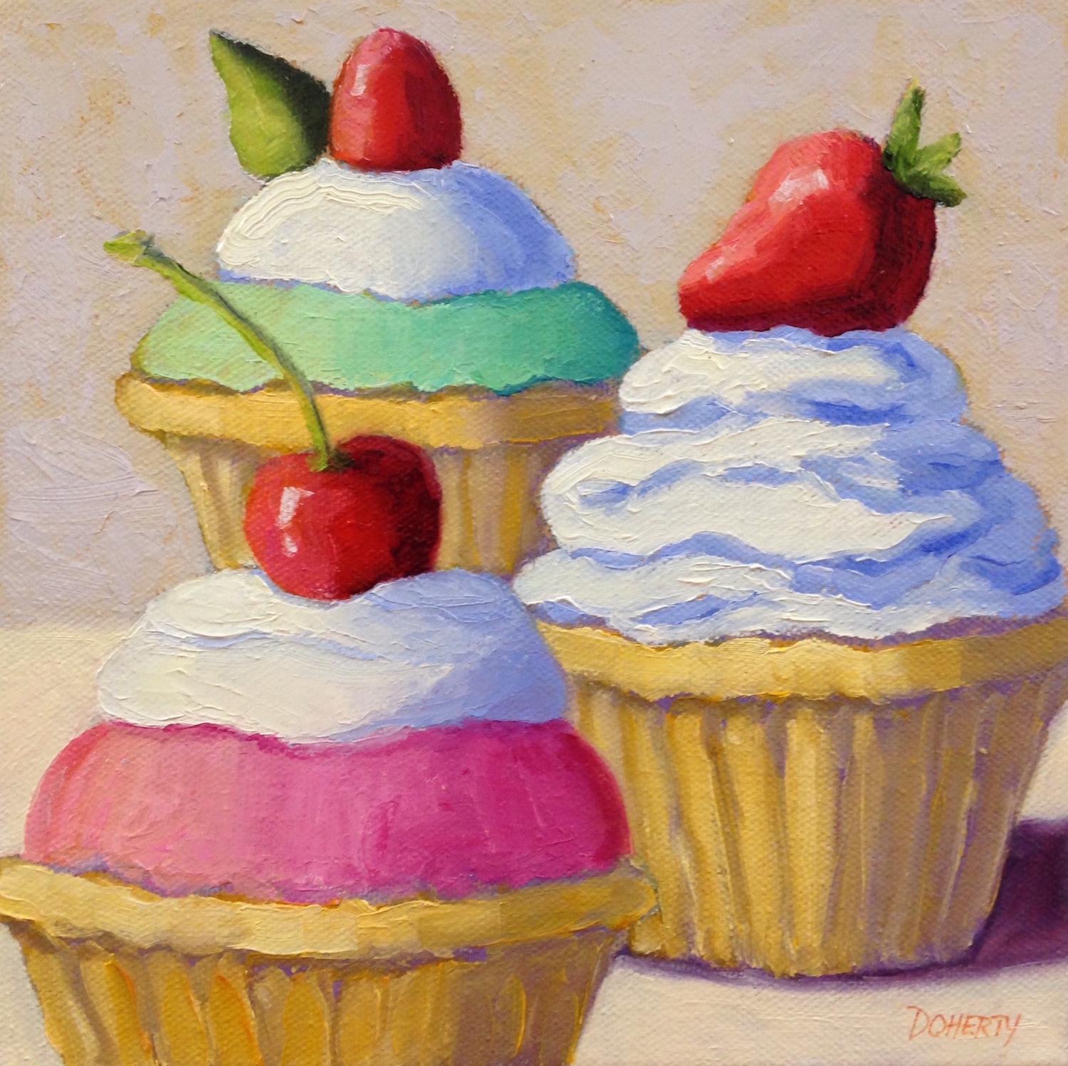 Pat Doherty Still-Life Painting - Three Cupcakes, Oil Painting