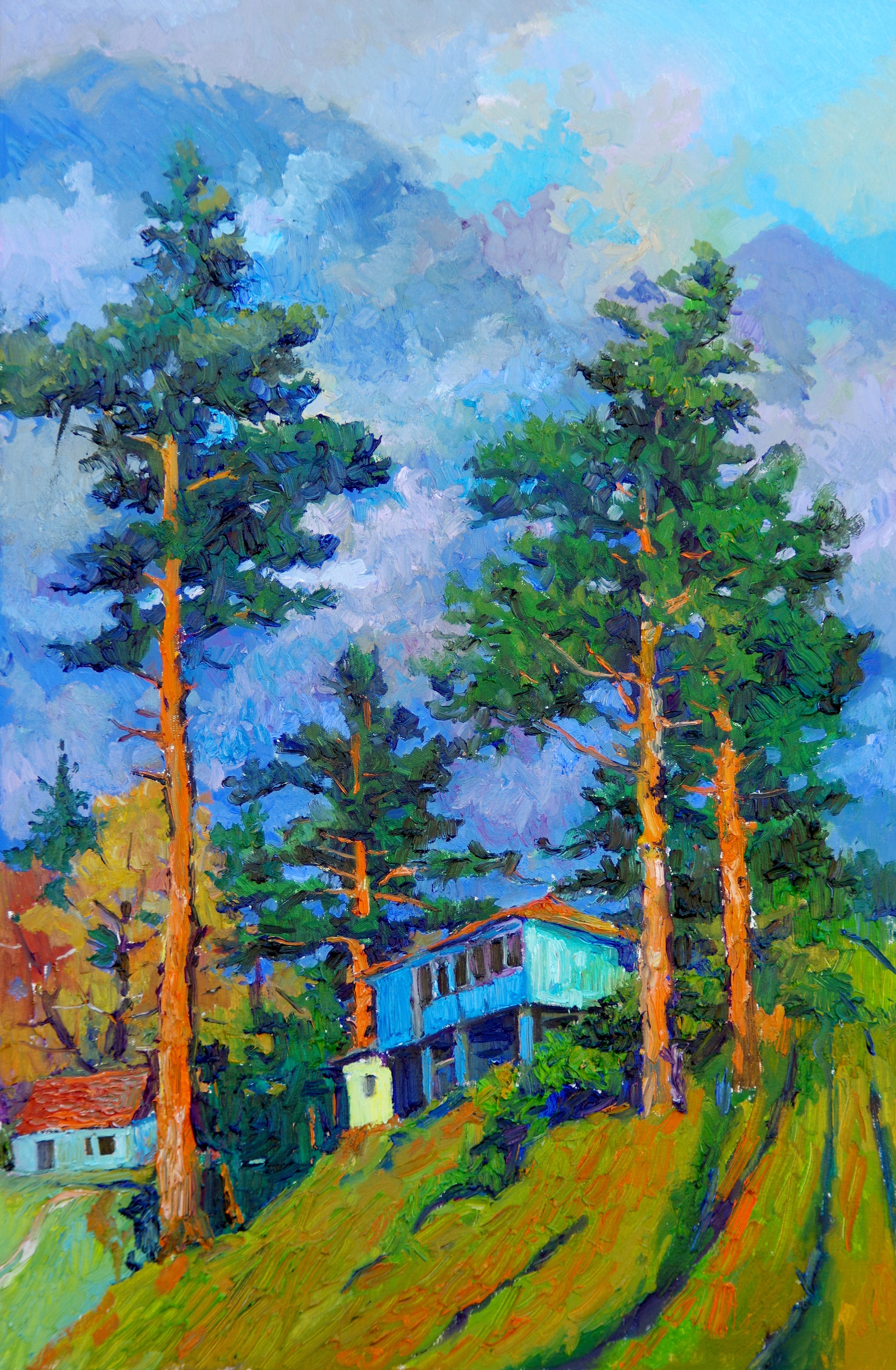 Pine Trees in the Mountains, After the Rain, Oil Painting - Art by Suren Nersisyan