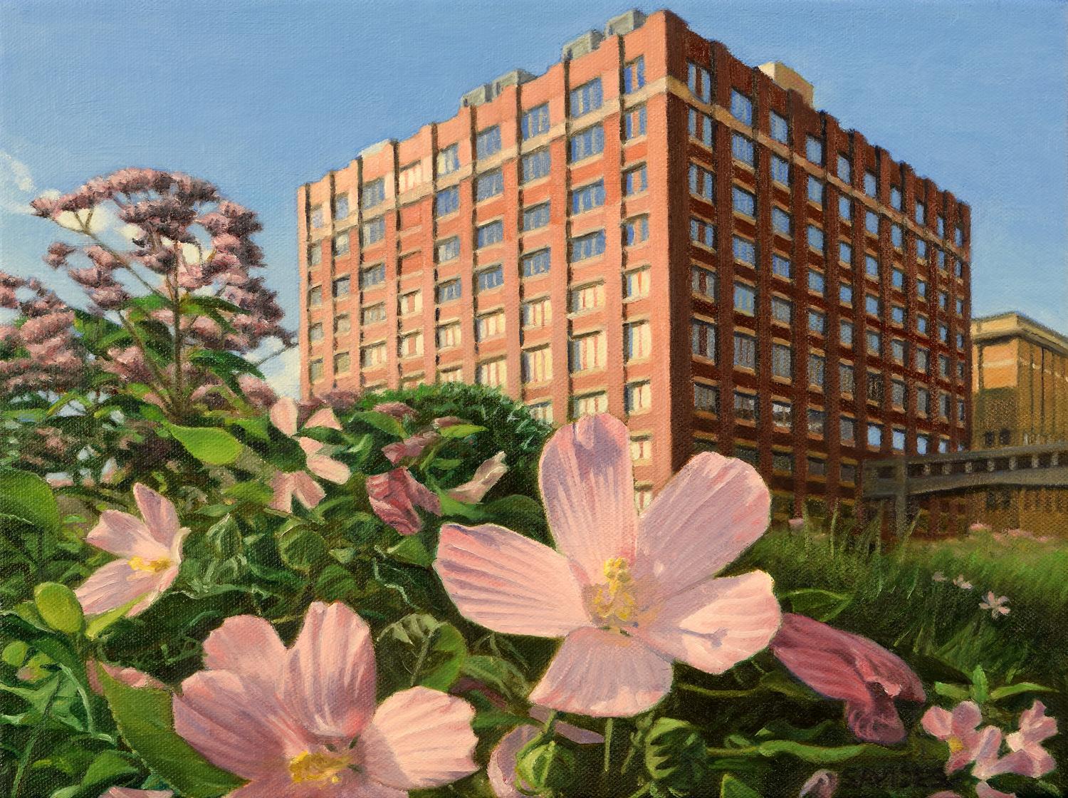 Nick Savides Interior Painting - High Line View with Swamp Rose Mallow, Oil Painting