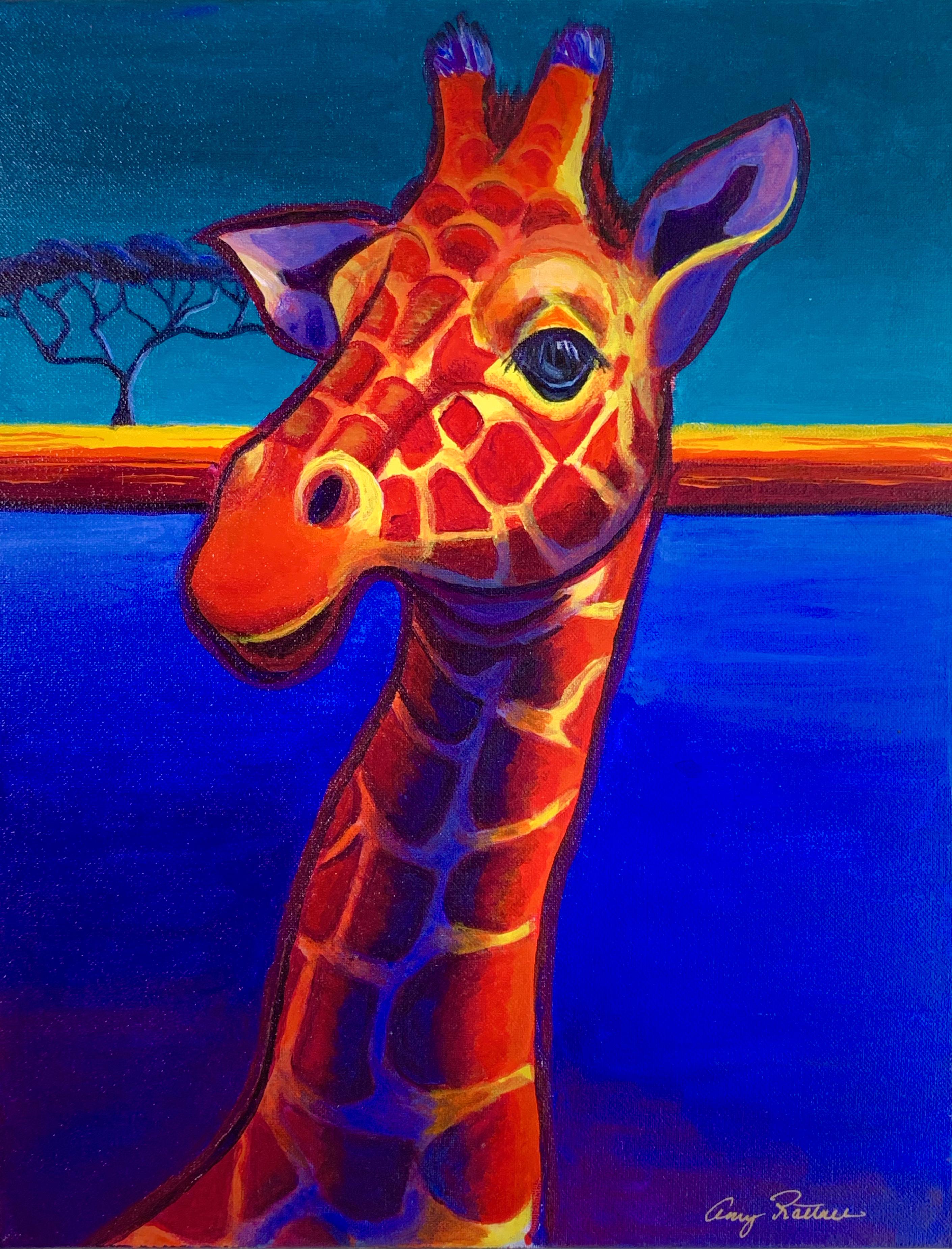 Amy Rattner Animal Painting - Giraffe in Blue, Original Painting