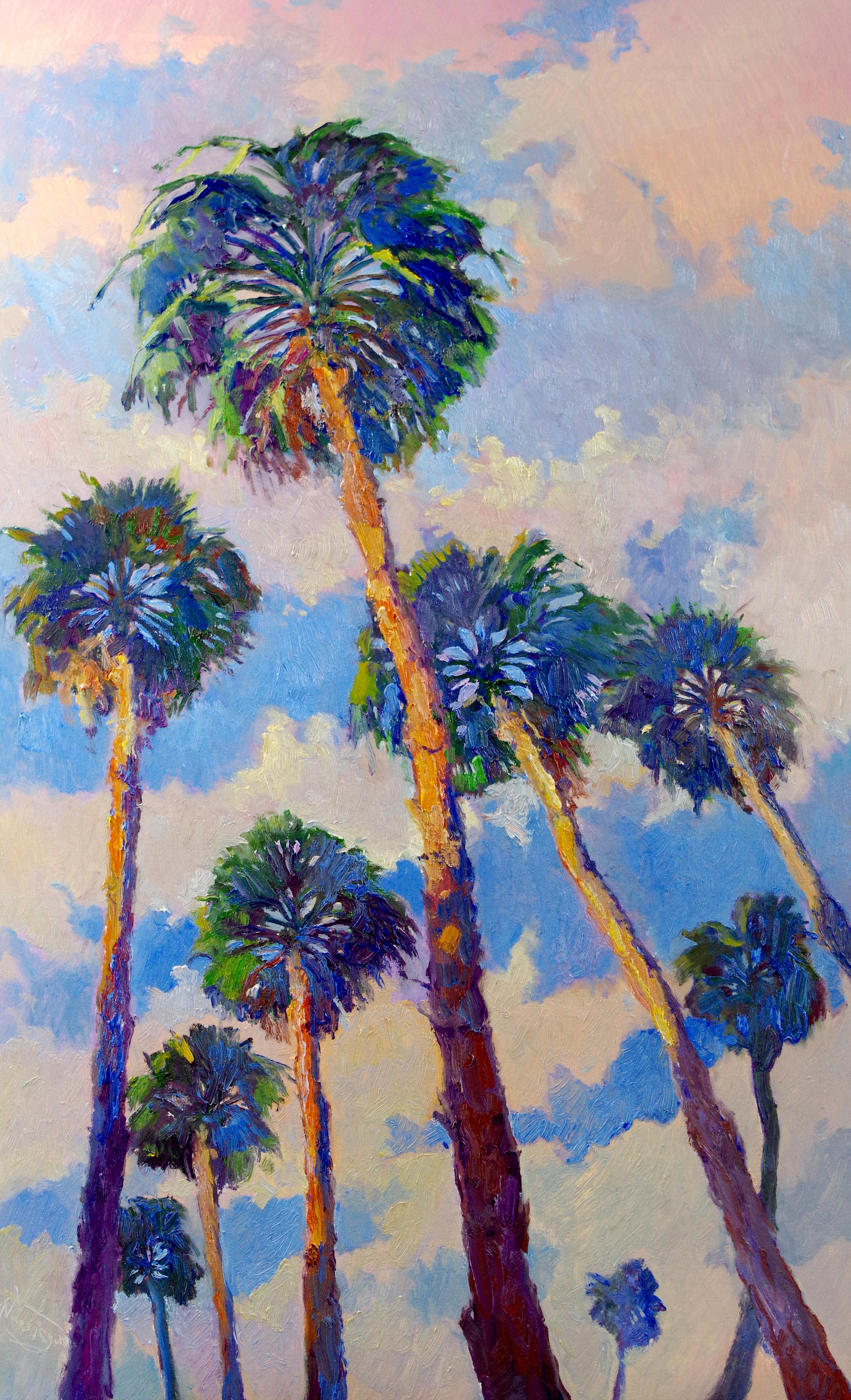 Suren Nersisyan Landscape Painting - Palm Trees from the Beach and Soft Evening Sky, Oil Painting