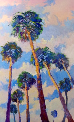 Palm Trees from the Beach and Soft Evening Sky, Oil Painting