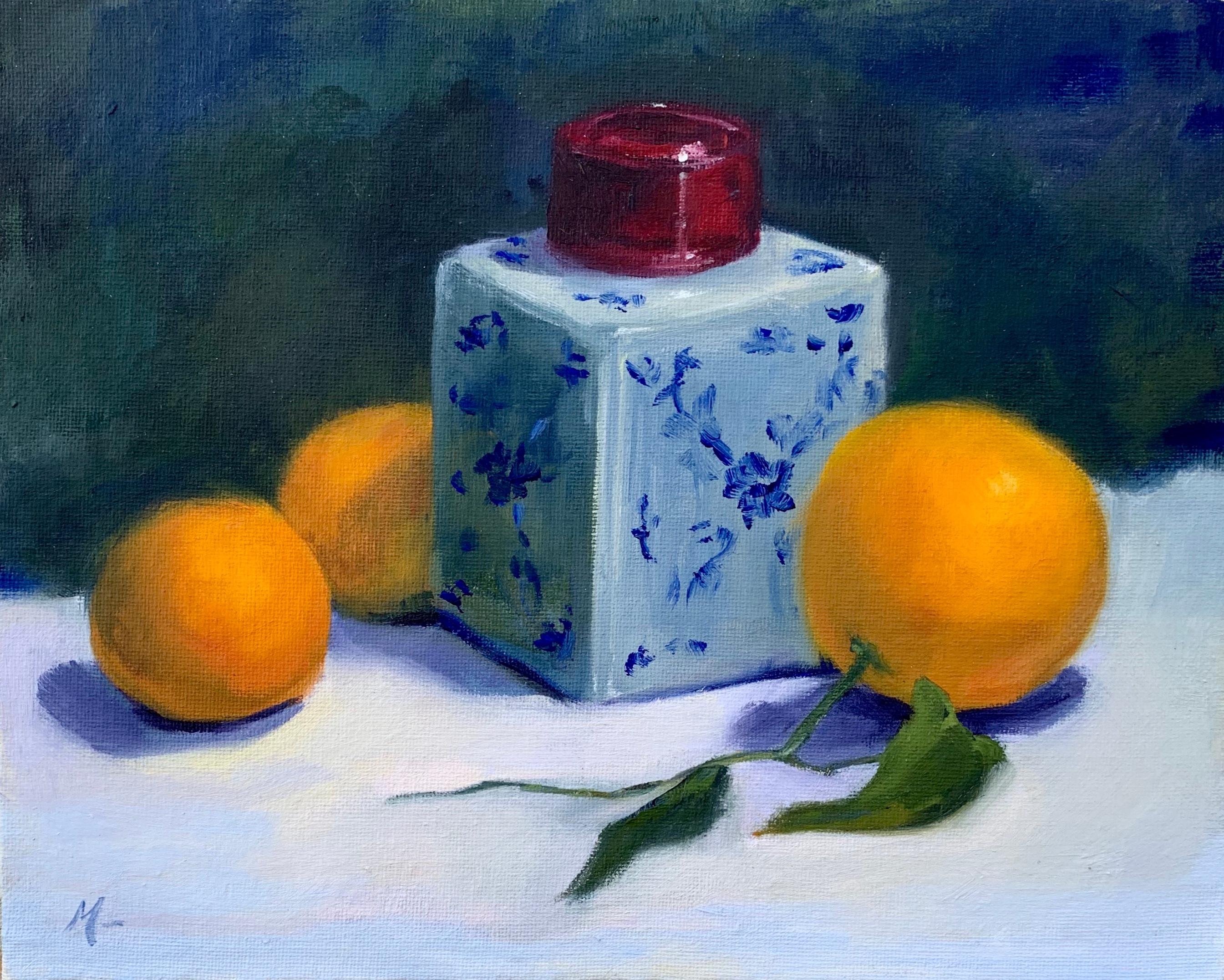 Malia Pettit Still-Life Painting - Three Clementines with Ginger Jar, Oil Painting