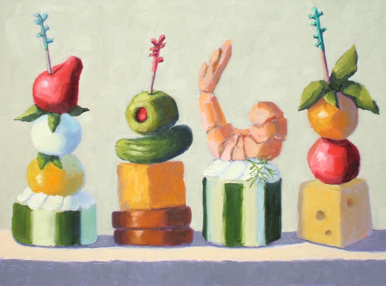 Pat Doherty Still-Life Painting - Four Appetizers, Oil Painting