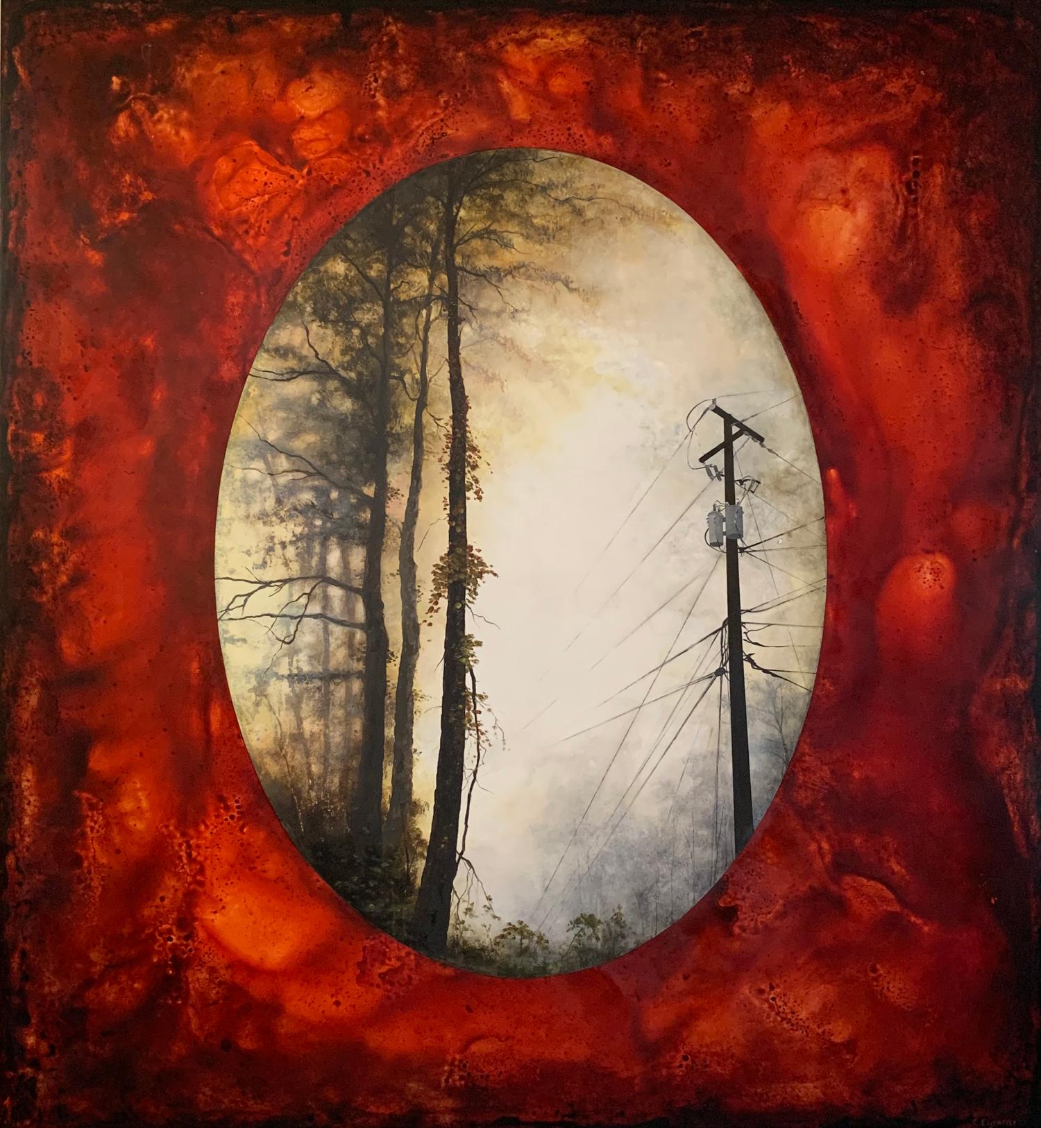 Candice Eisenfeld Landscape Painting - The Turning Point (Telephone Pole in Red), Original Painting