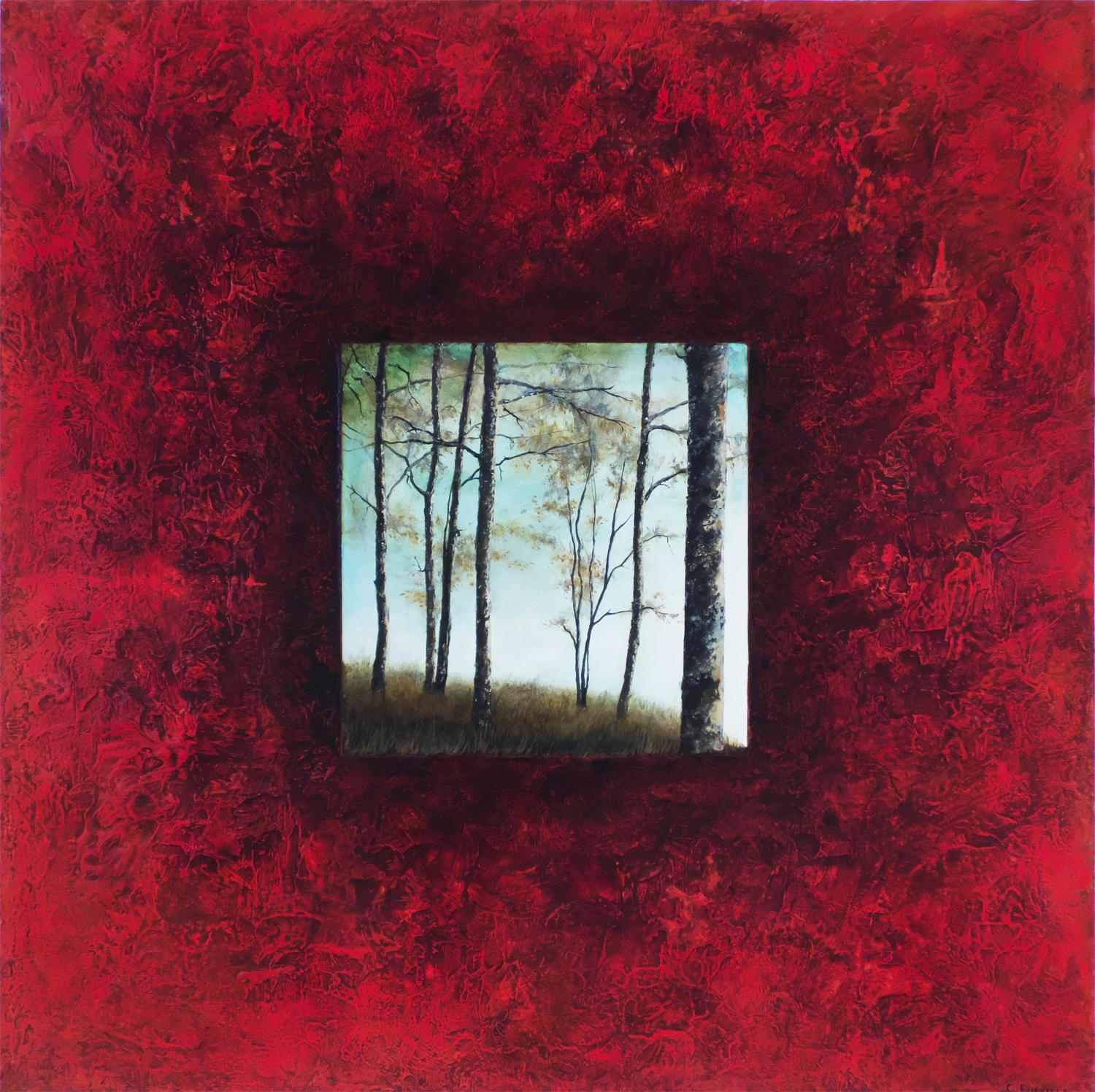 <p>Artist Comments<br />A stand of trees on a hill overlooking a pond during a sunny day with blue skies. The scene is framed with a deep red abstraction characterized by a very thick, bumpy surface similar to the surface of the bark on the