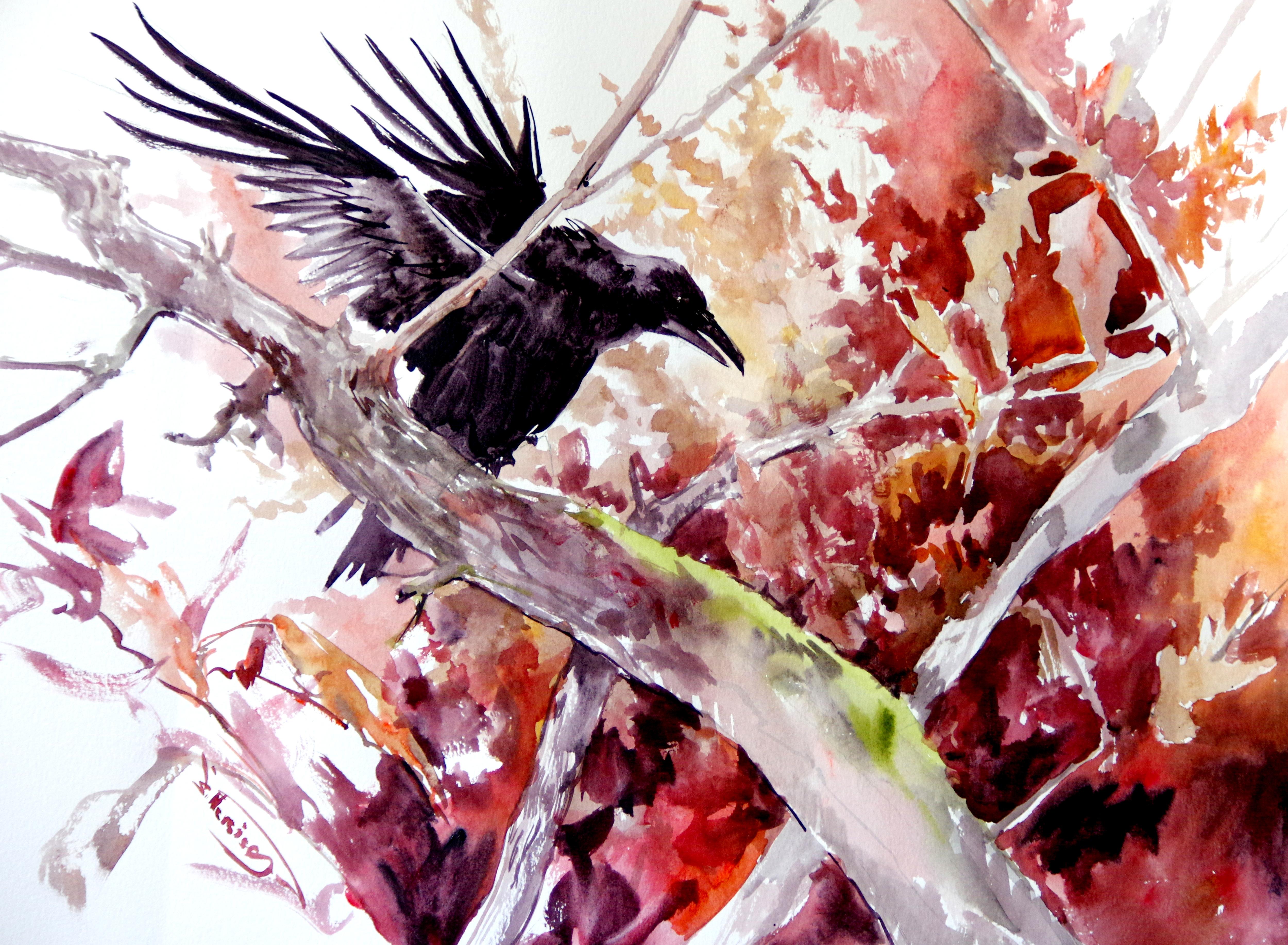 Suren Nersisyan Animal Art - Flying Raven and the Fall, Original Painting