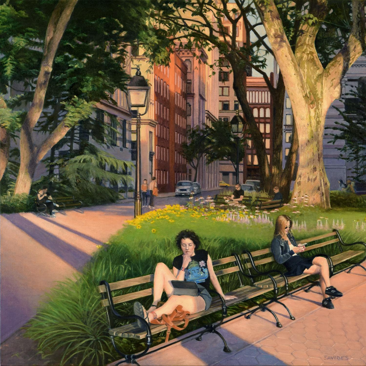 Landscape Painting Nick Savides - Washington Square Park - Soirée d'été, peinture à l'huile