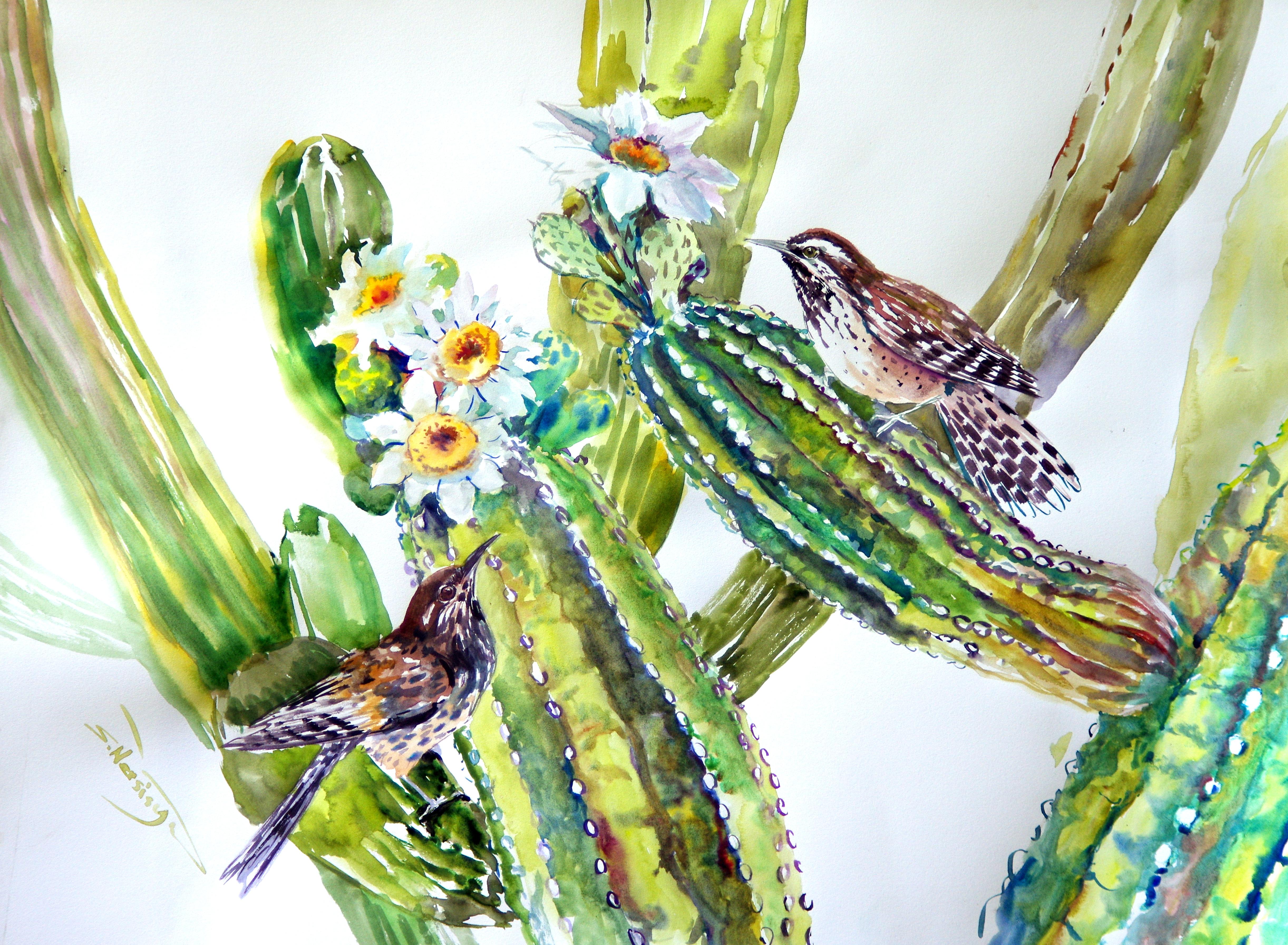 Suren Nersisyan Landscape Art - Cactus Wren and Saguaro Cactus, Original Painting