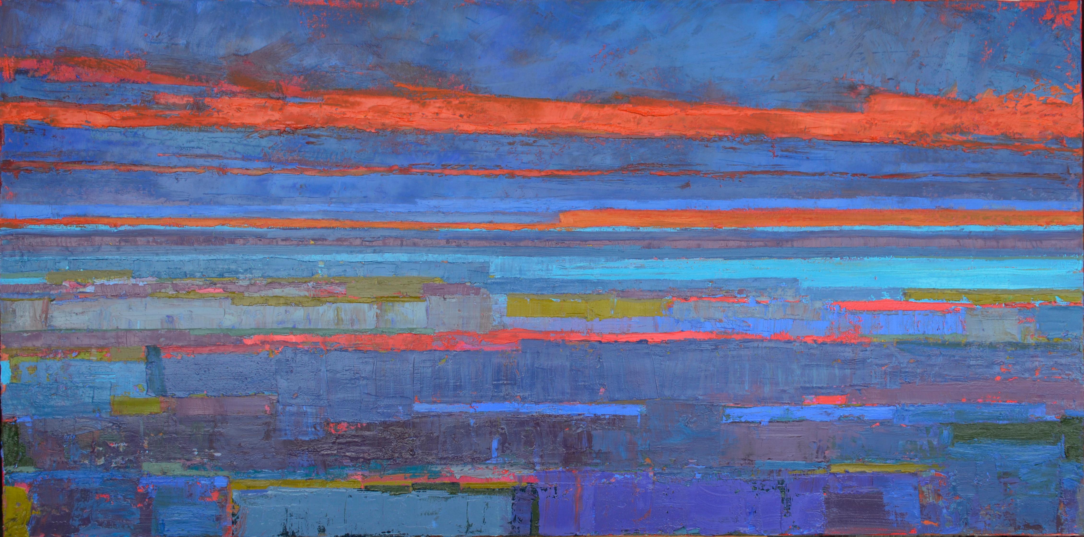 Abstract Painting Srinivas Kathoju - Peinture à l'huile abstraite, lac et l'horizon bleu glace