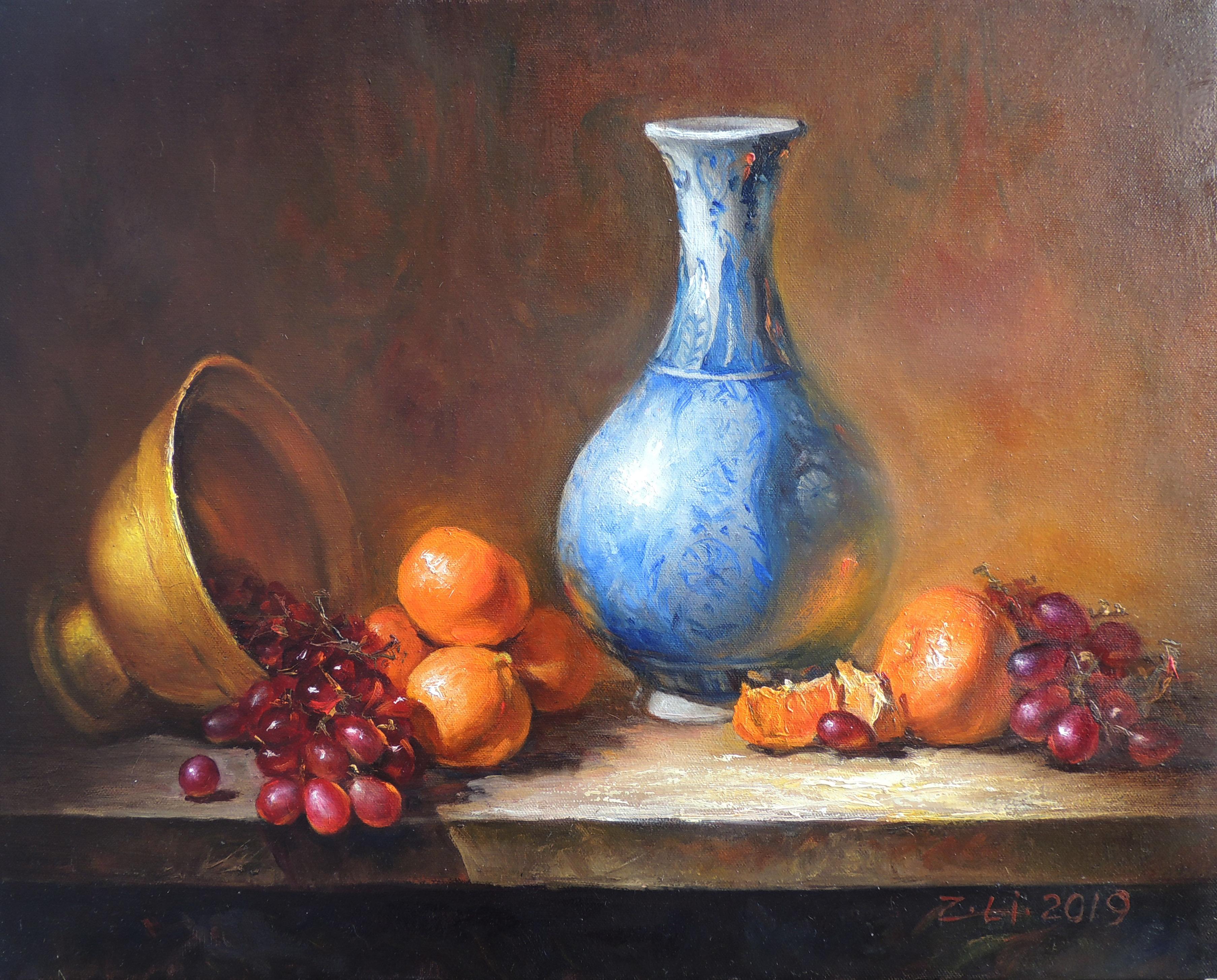 Zhi Li Still-Life Painting - Blue Vase with Fruit, Oil Painting