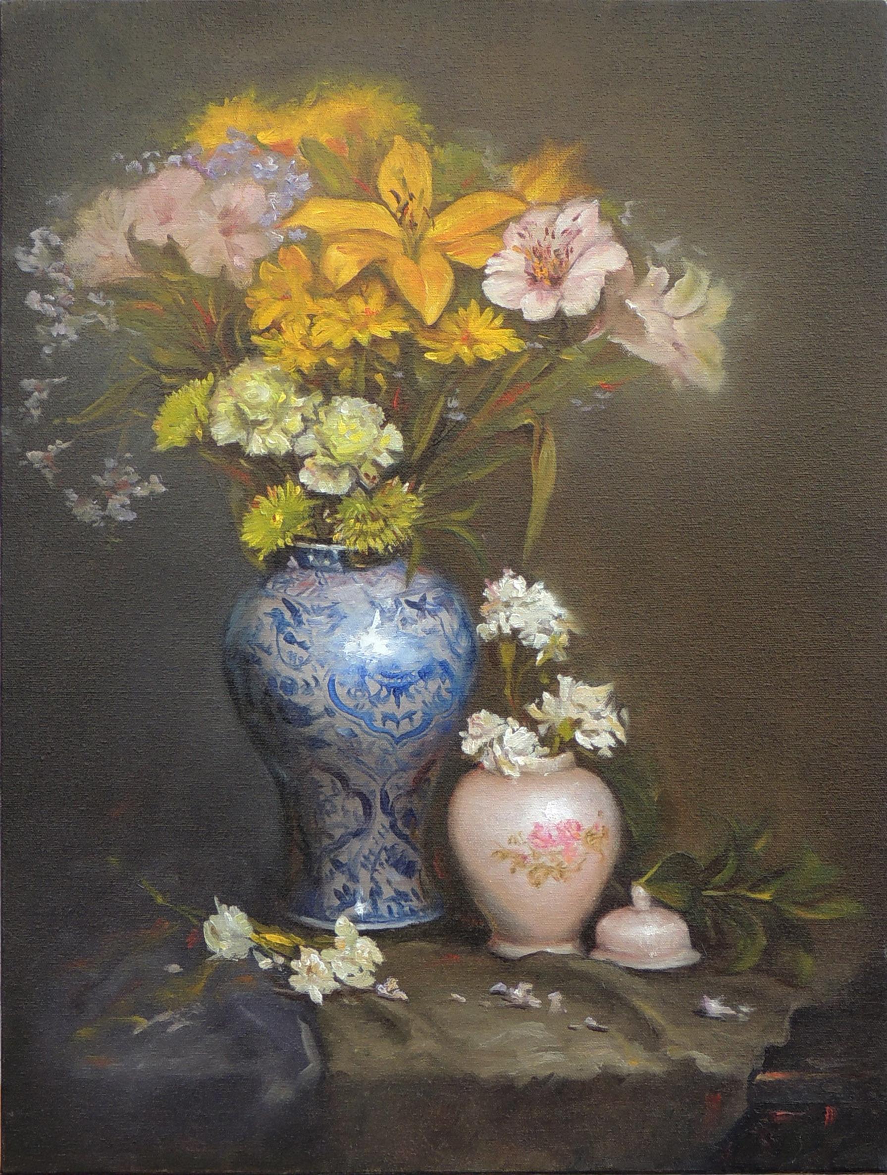 Flowers in a Blue Vase, Oil Painting - Art by Zhi Li