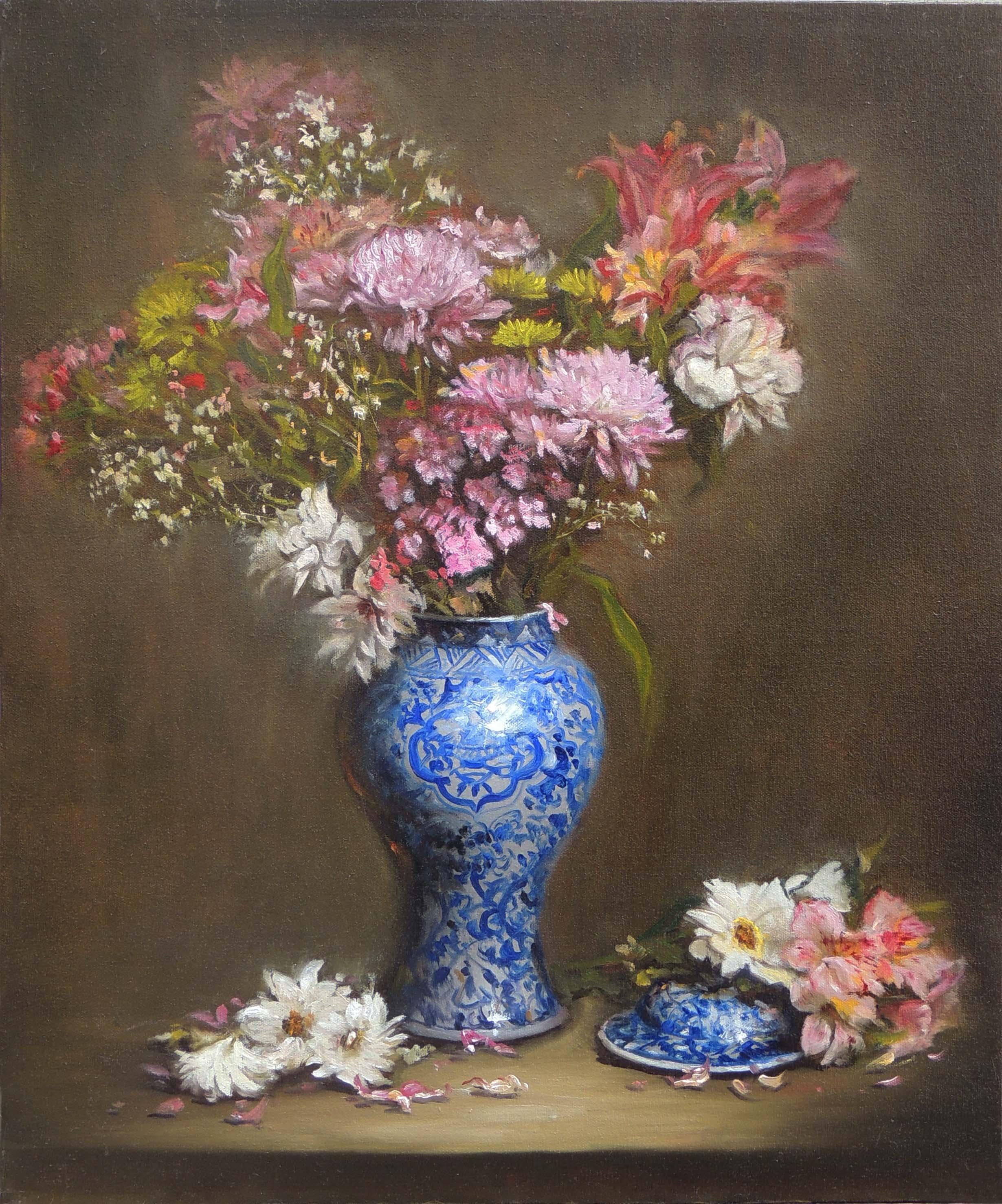 Pink Flowers in a Blue and White Vase, Oil Painting - Art by Zhi Li