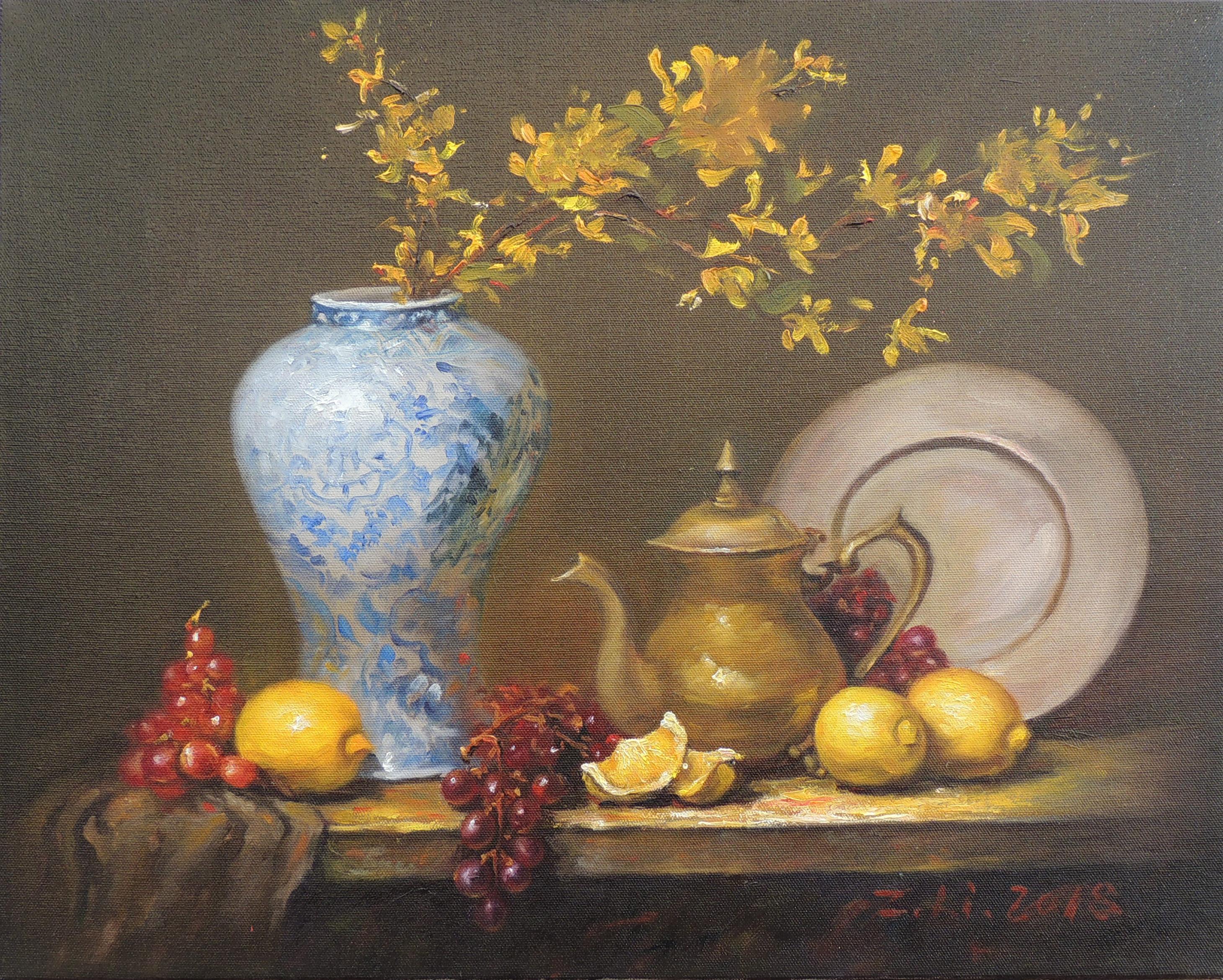 Copper Pitcher with Forsythia, Oil Painting - Art by Zhi Li